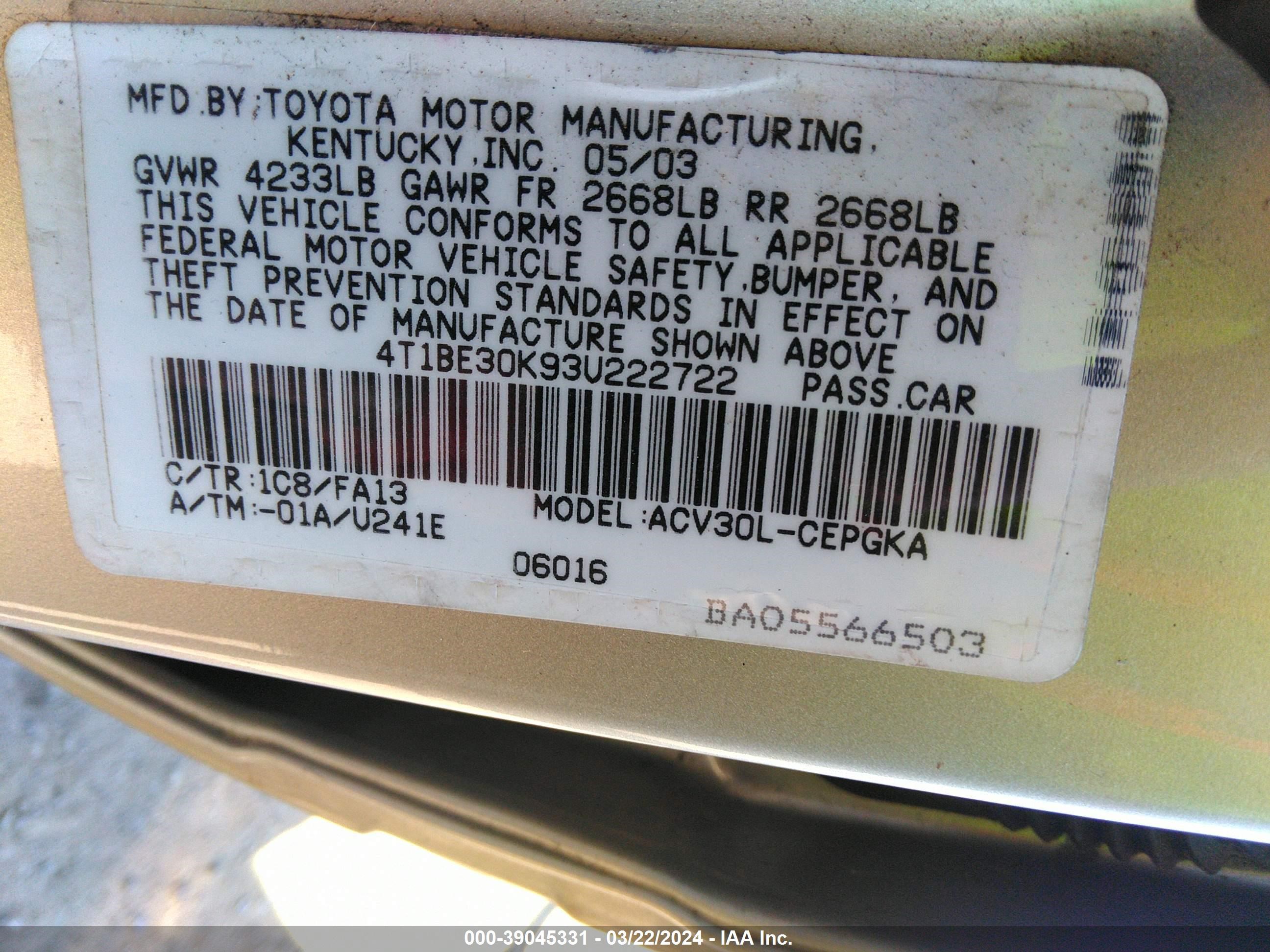 Photo 8 VIN: 4T1BE30K93U222722 - TOYOTA CAMRY 