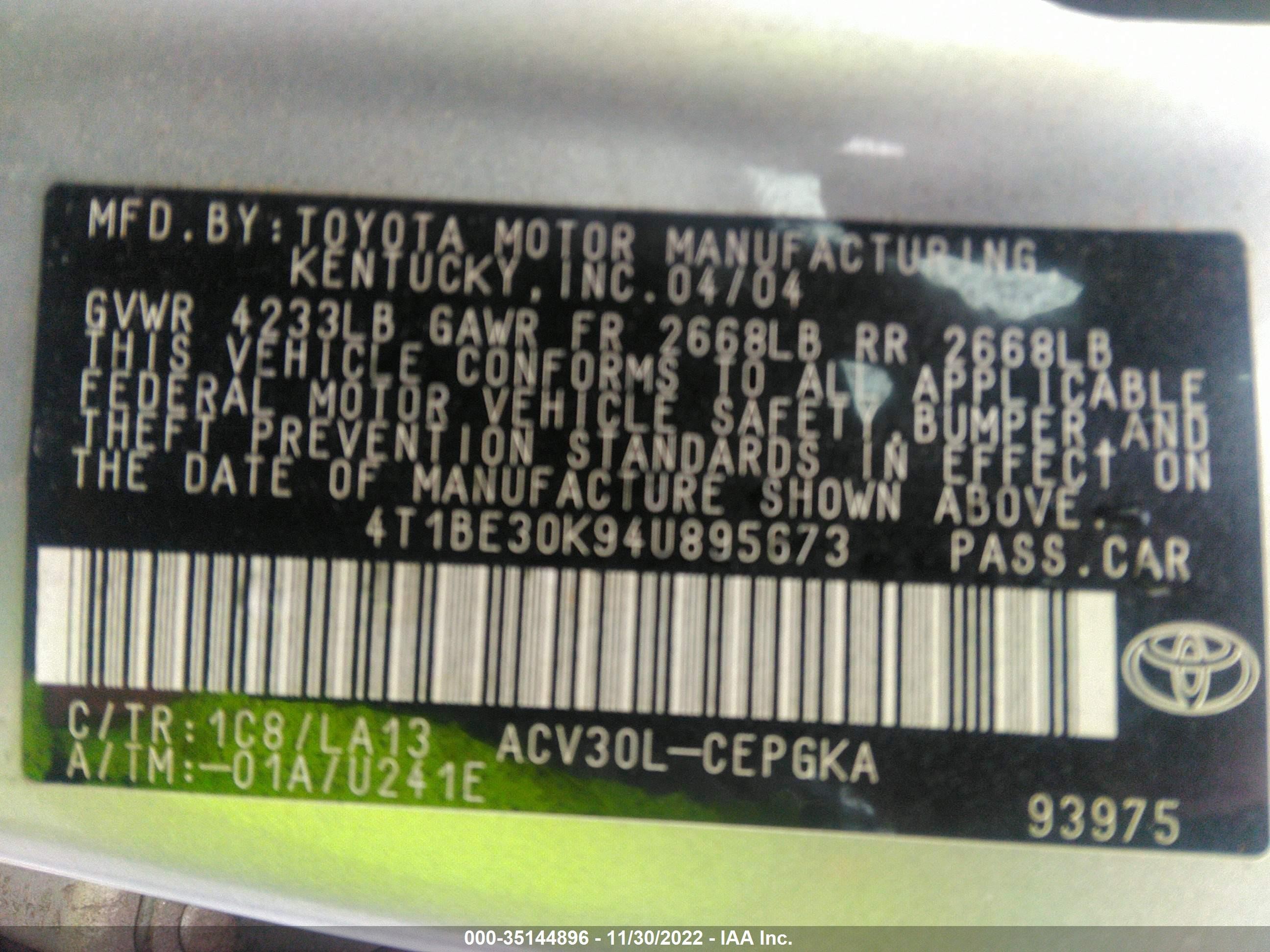 Photo 8 VIN: 4T1BE30K94U895673 - TOYOTA CAMRY 