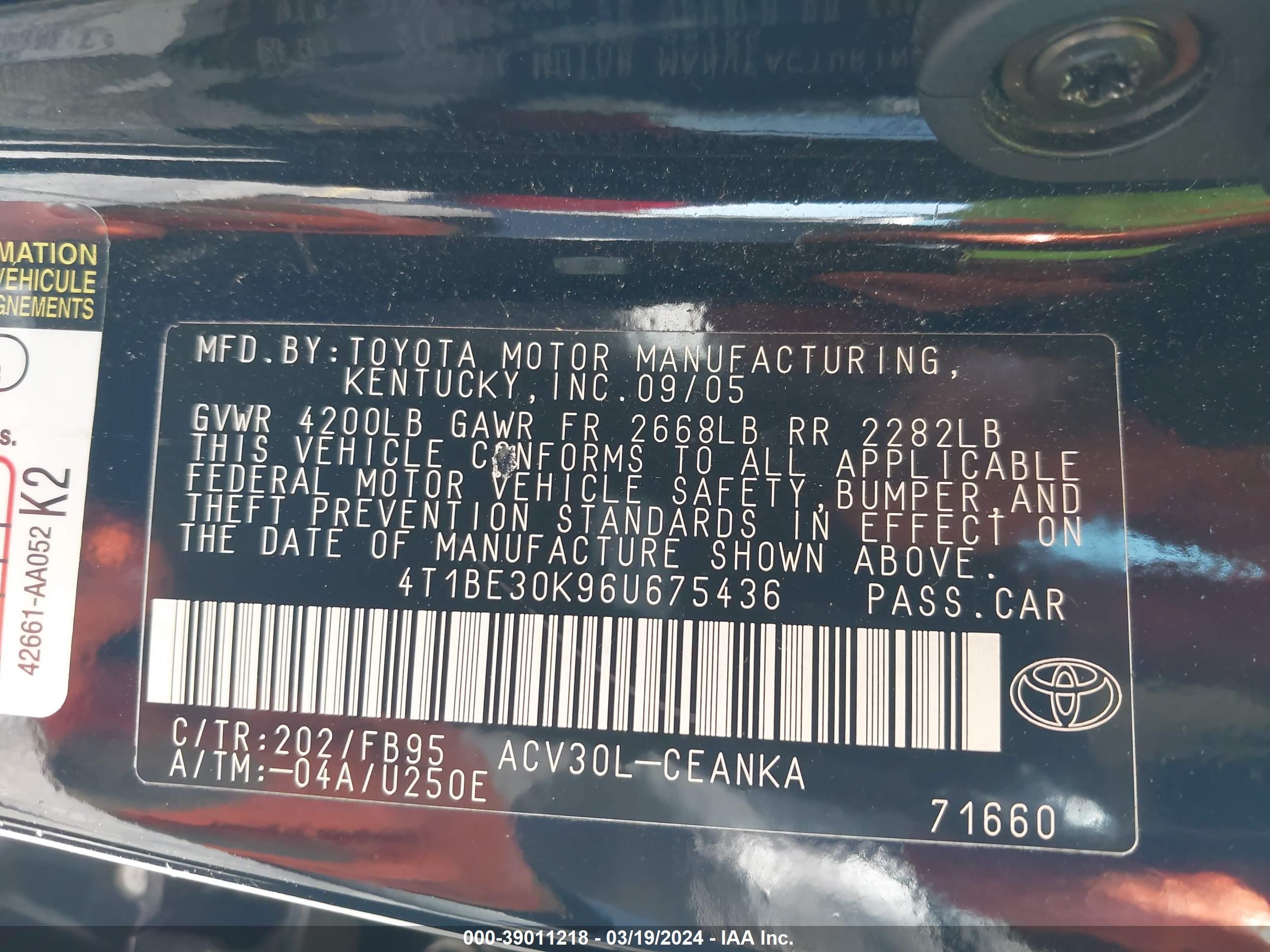 Photo 8 VIN: 4T1BE30K96U675436 - TOYOTA CAMRY 