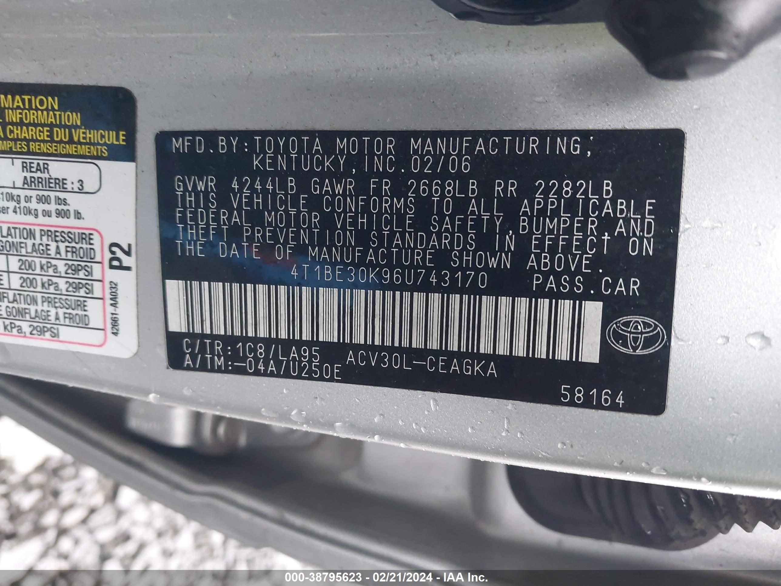 Photo 8 VIN: 4T1BE30K96U743170 - TOYOTA CAMRY 