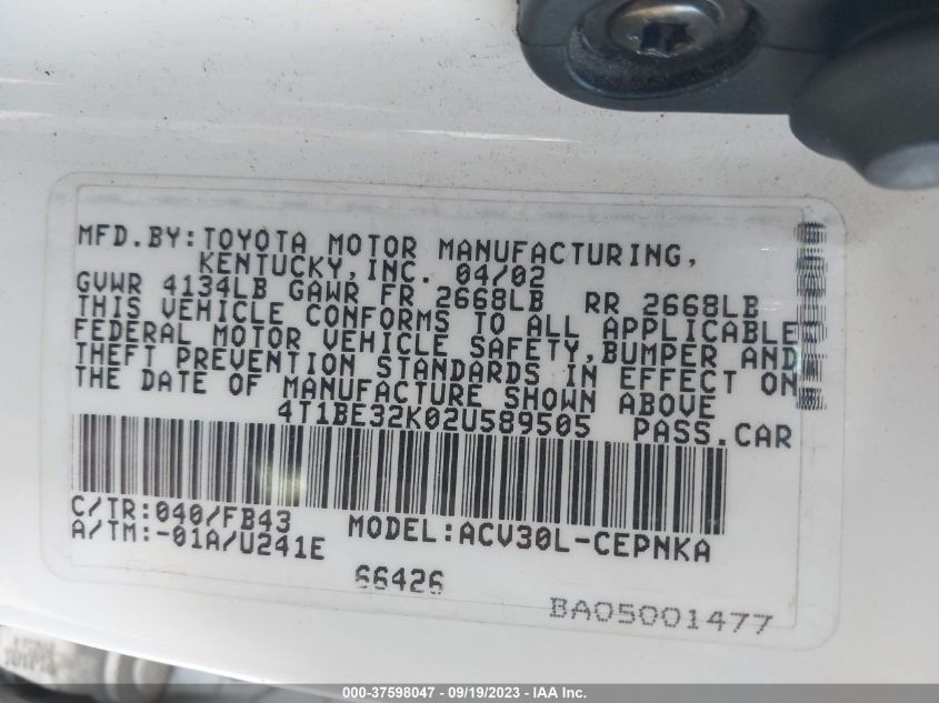 Photo 8 VIN: 4T1BE32K02U589505 - TOYOTA CAMRY 