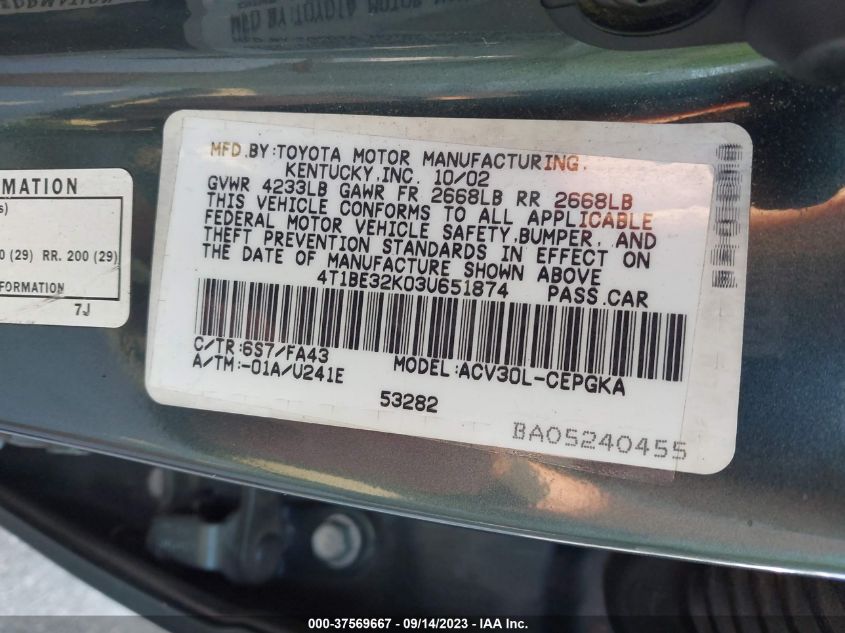 Photo 8 VIN: 4T1BE32K03U651874 - TOYOTA CAMRY 