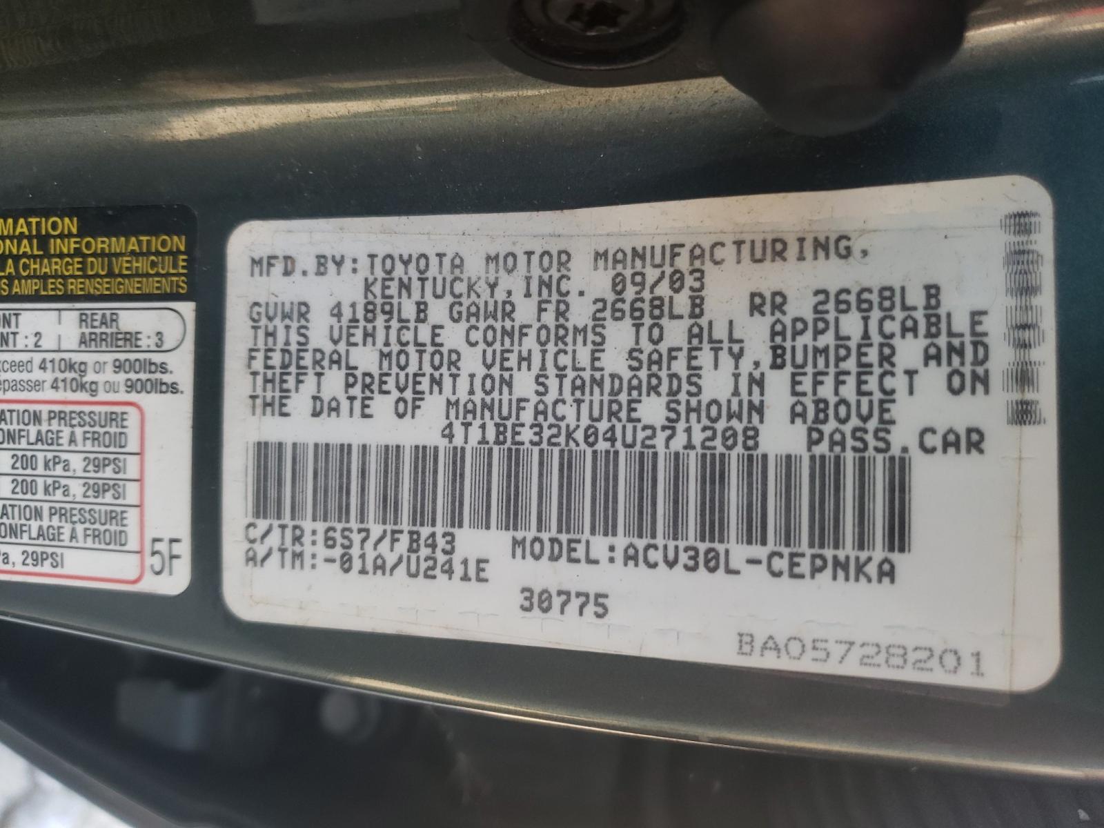 Photo 9 VIN: 4T1BE32K04U271208 - TOYOTA CAMRY LE 