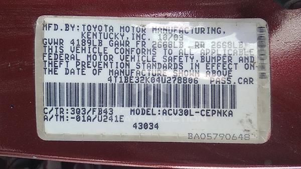 Photo 3 VIN: 4T1BE32K04U278806 - TOYOTA CAMRY 