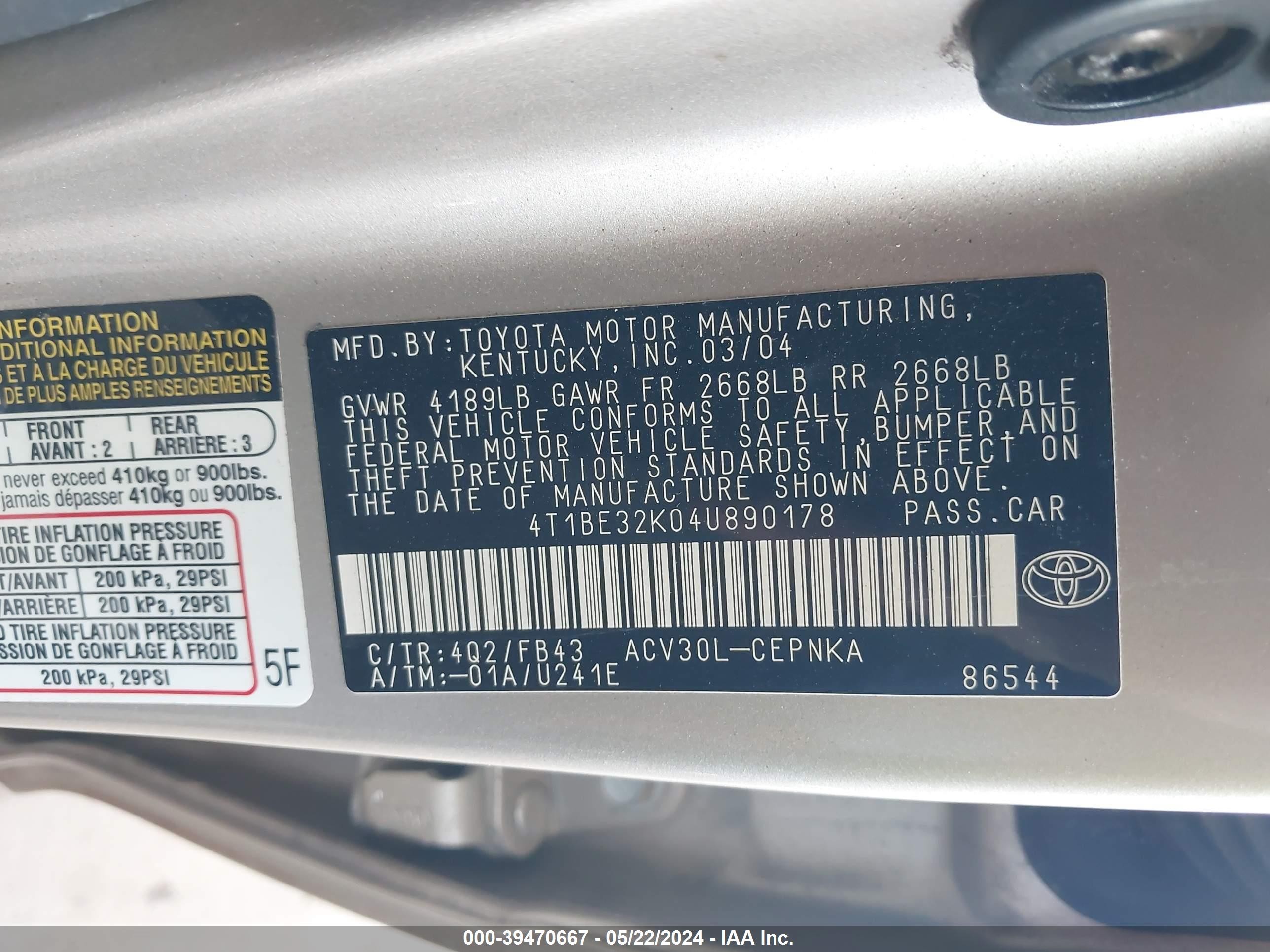 Photo 8 VIN: 4T1BE32K04U890178 - TOYOTA CAMRY 