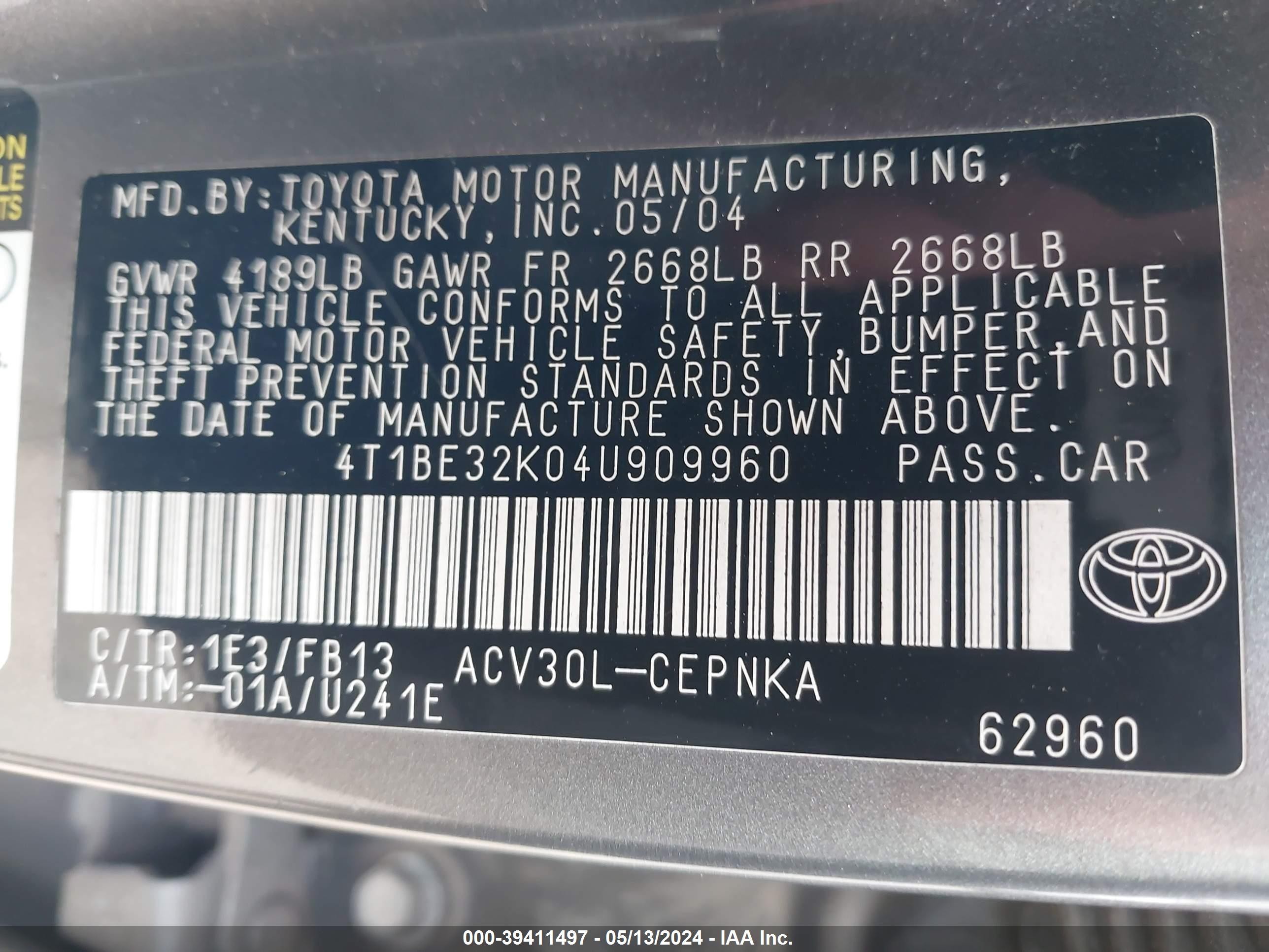 Photo 8 VIN: 4T1BE32K04U909960 - TOYOTA CAMRY 