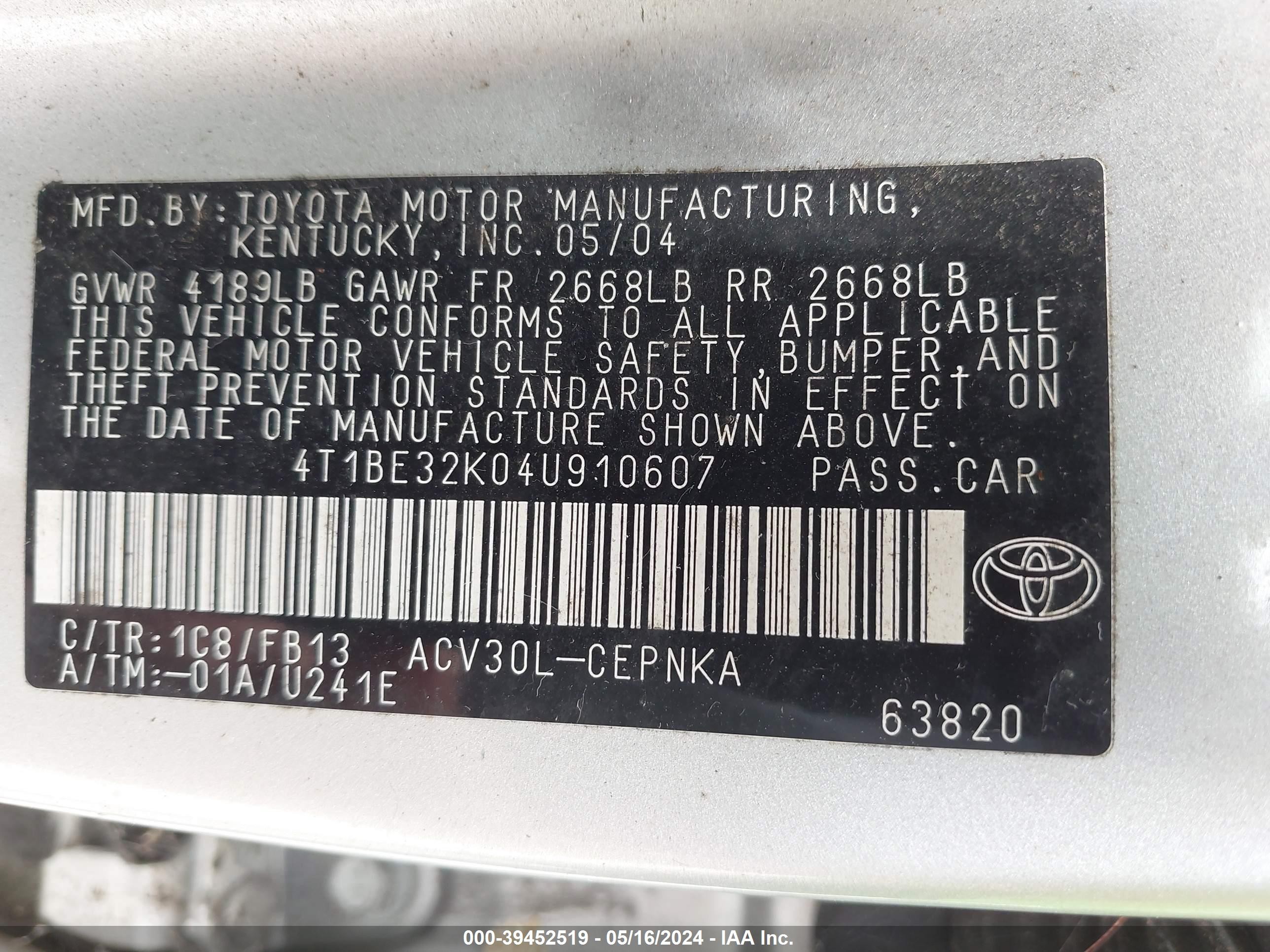 Photo 8 VIN: 4T1BE32K04U910607 - TOYOTA CAMRY 