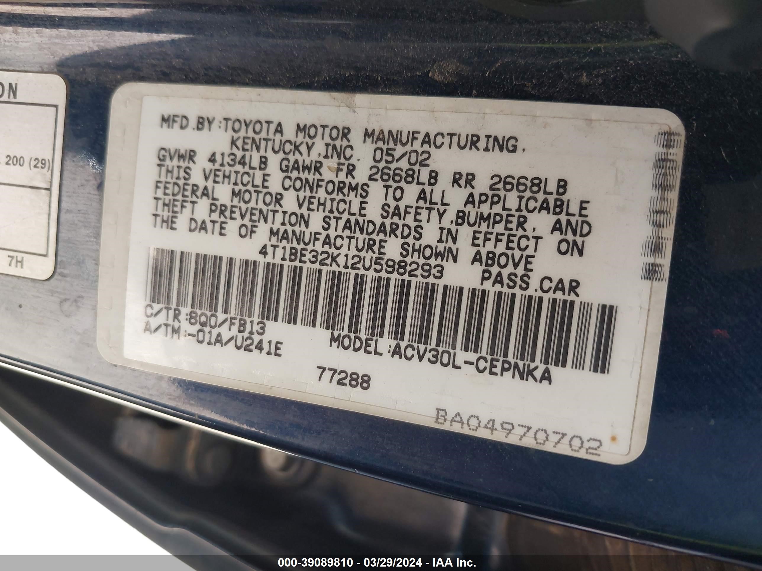 Photo 8 VIN: 4T1BE32K12U598293 - TOYOTA CAMRY 