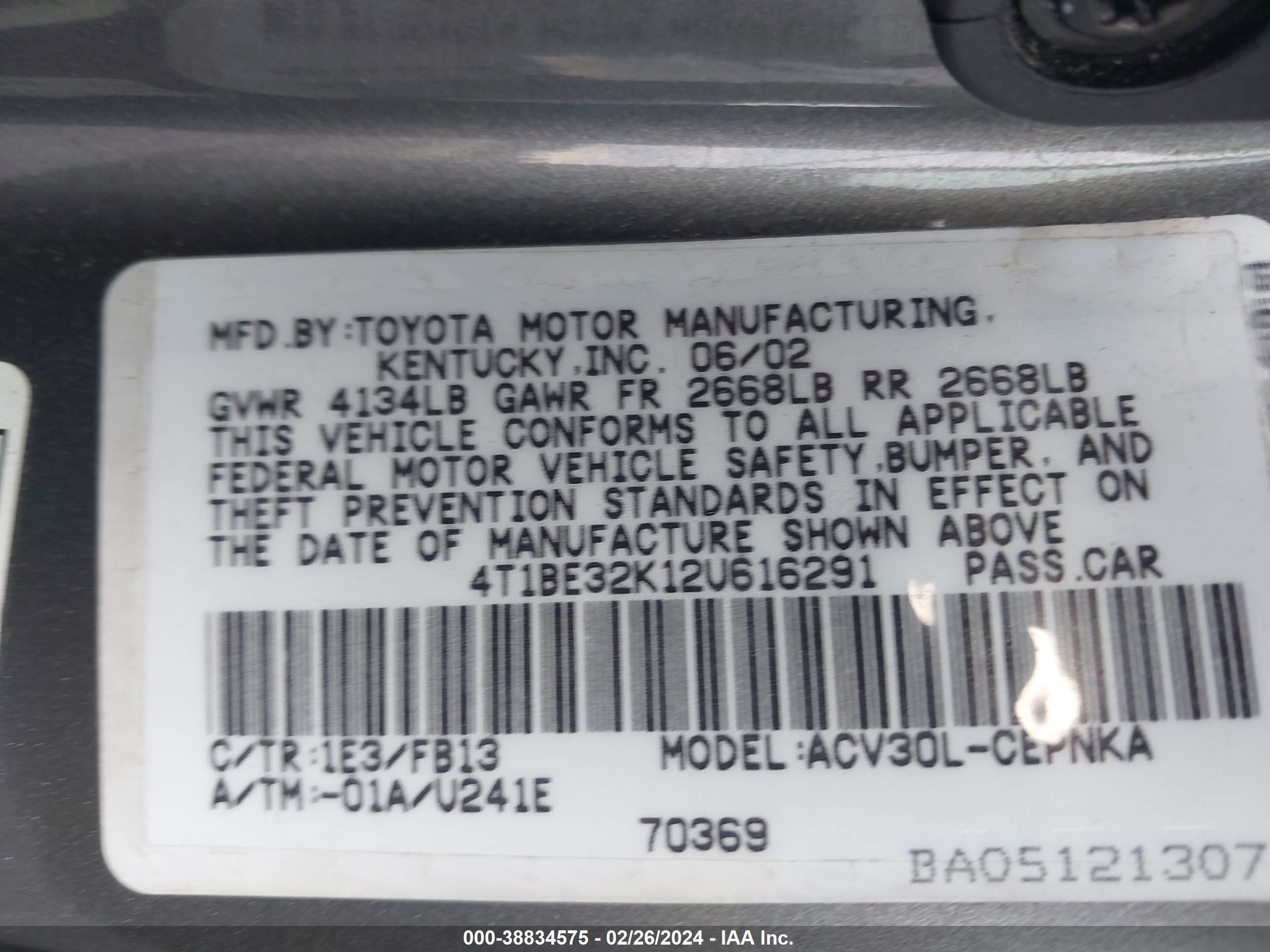 Photo 8 VIN: 4T1BE32K12U616291 - TOYOTA CAMRY 