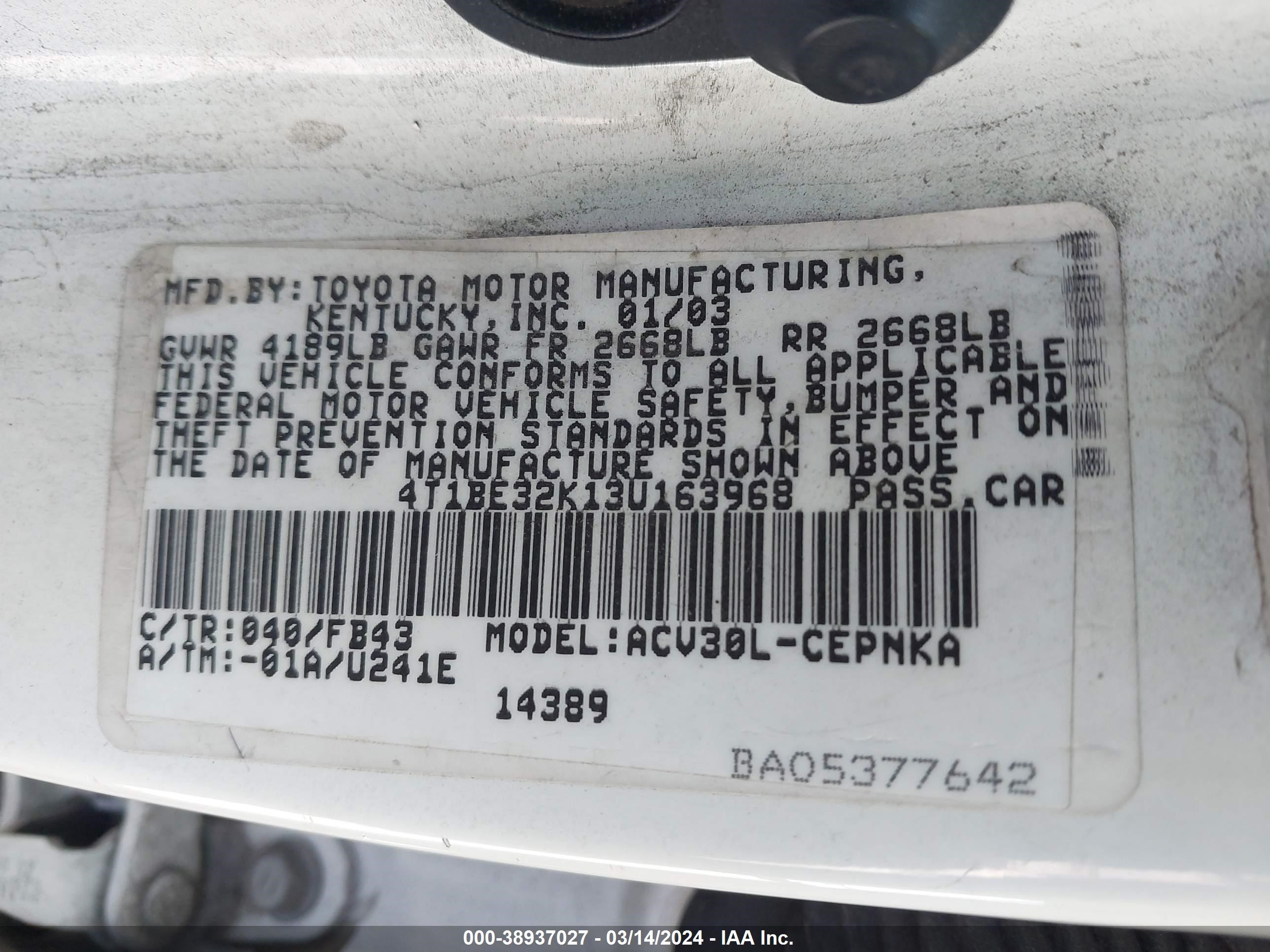 Photo 8 VIN: 4T1BE32K13U163968 - TOYOTA CAMRY 