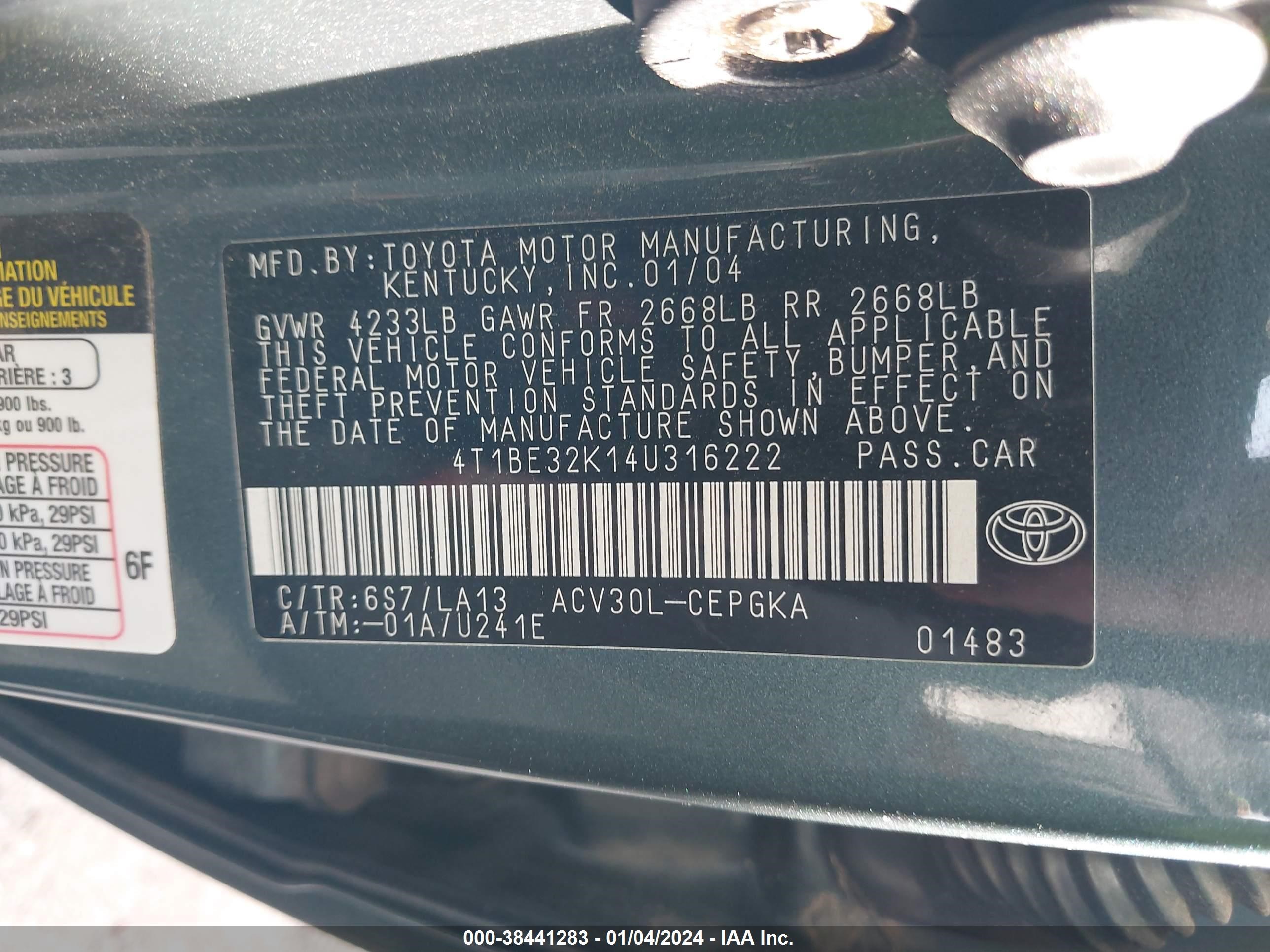 Photo 8 VIN: 4T1BE32K14U316222 - TOYOTA CAMRY 