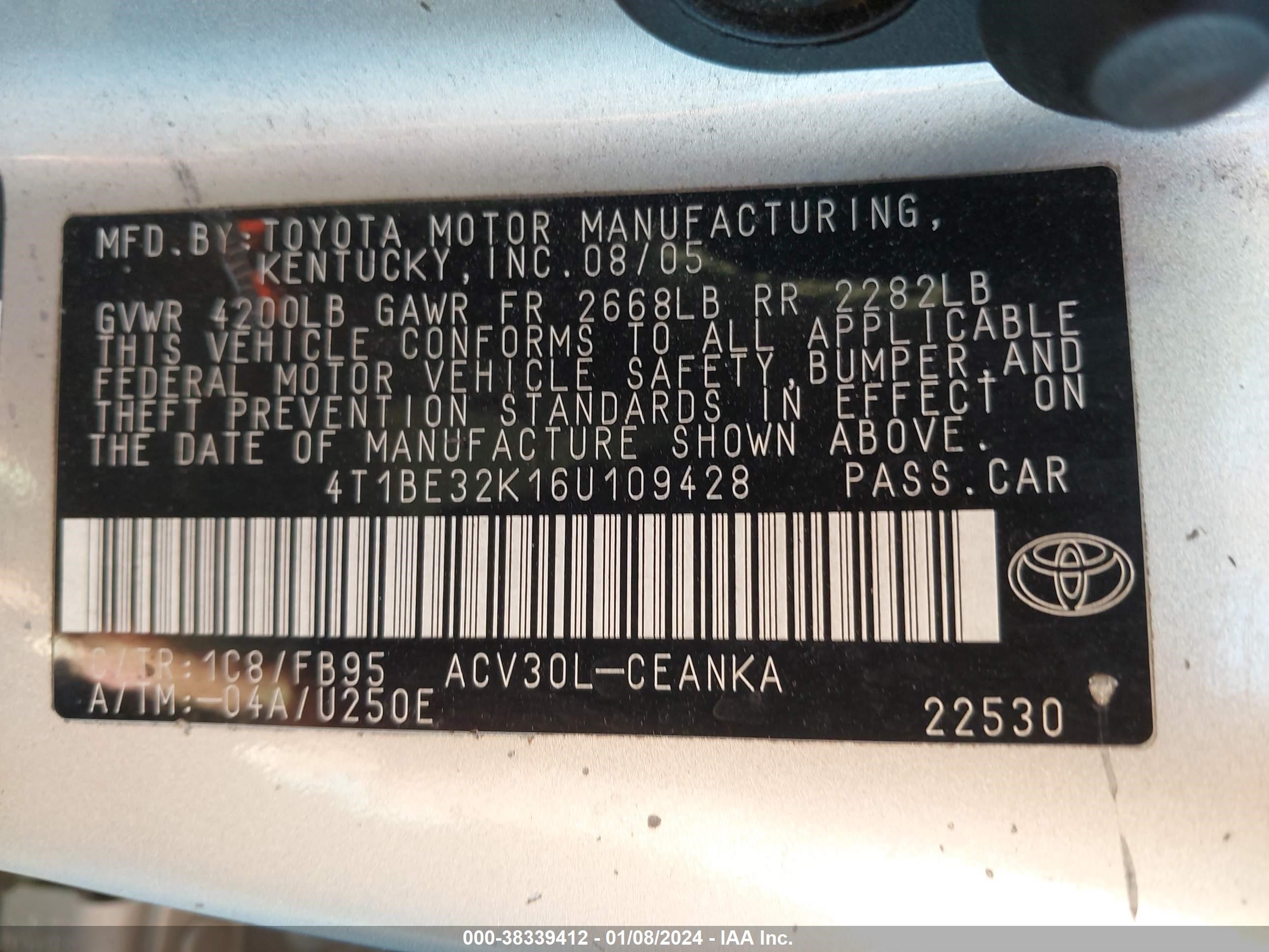 Photo 8 VIN: 4T1BE32K16U109428 - TOYOTA CAMRY 