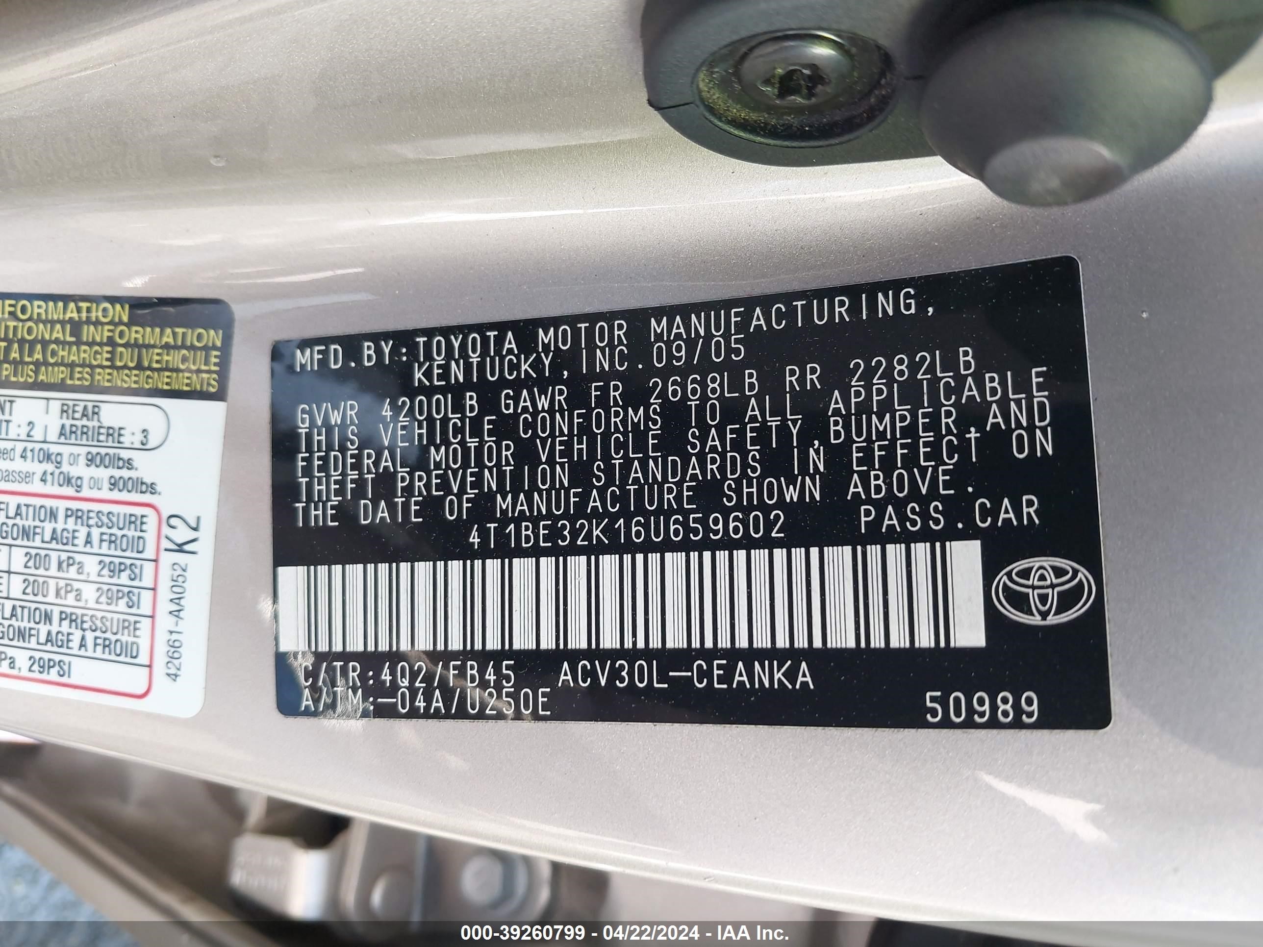 Photo 8 VIN: 4T1BE32K16U659602 - TOYOTA CAMRY 