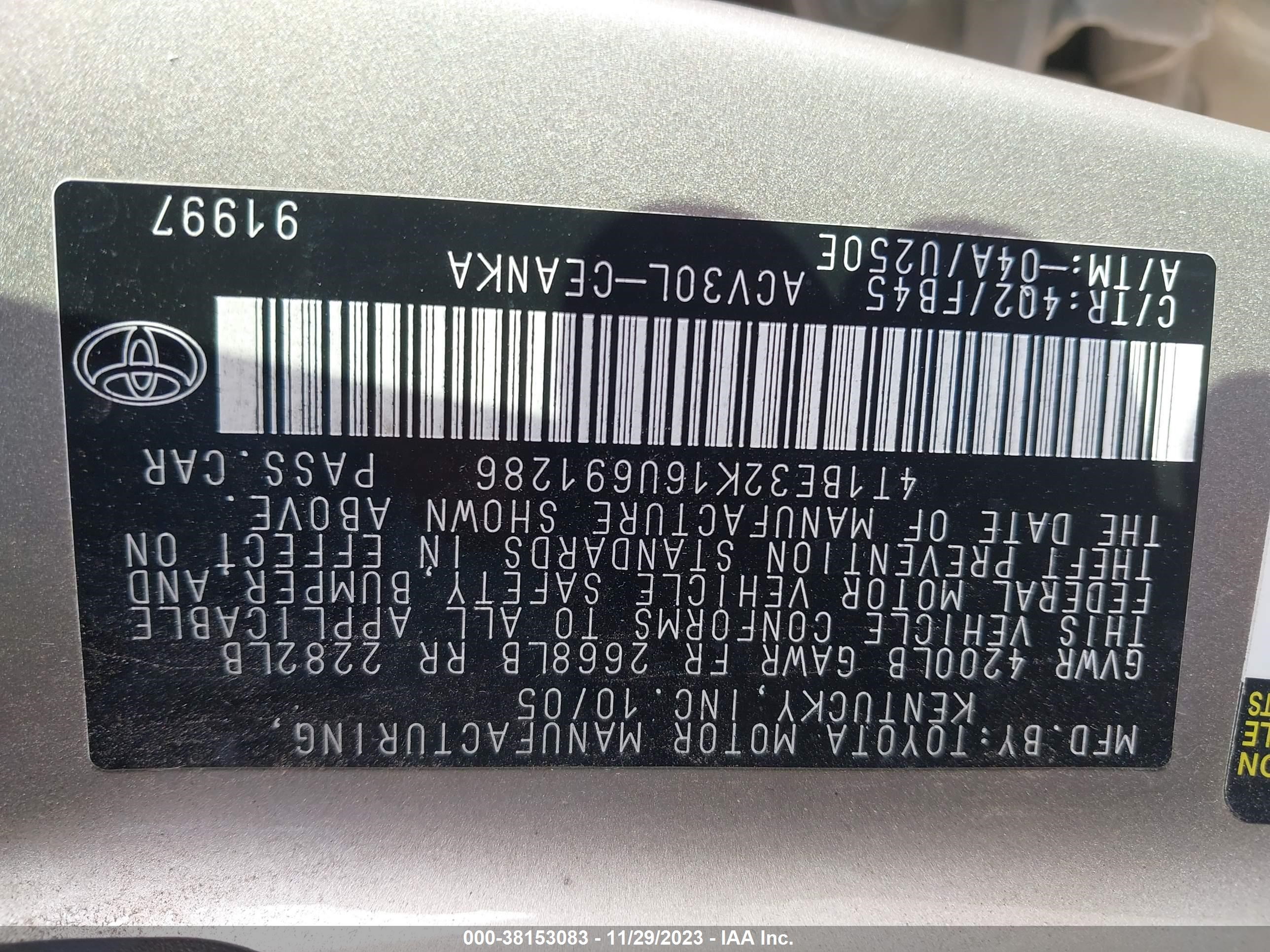 Photo 8 VIN: 4T1BE32K16U691286 - TOYOTA CAMRY 