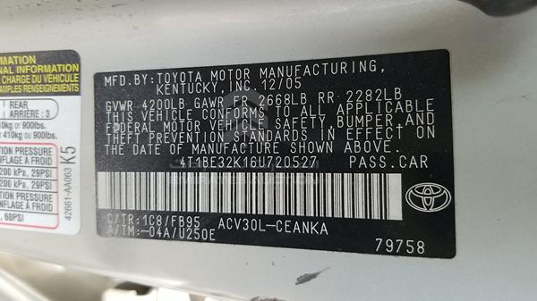 Photo 1 VIN: 4T1BE32K16U720527 - TOYOTA CAMRY 