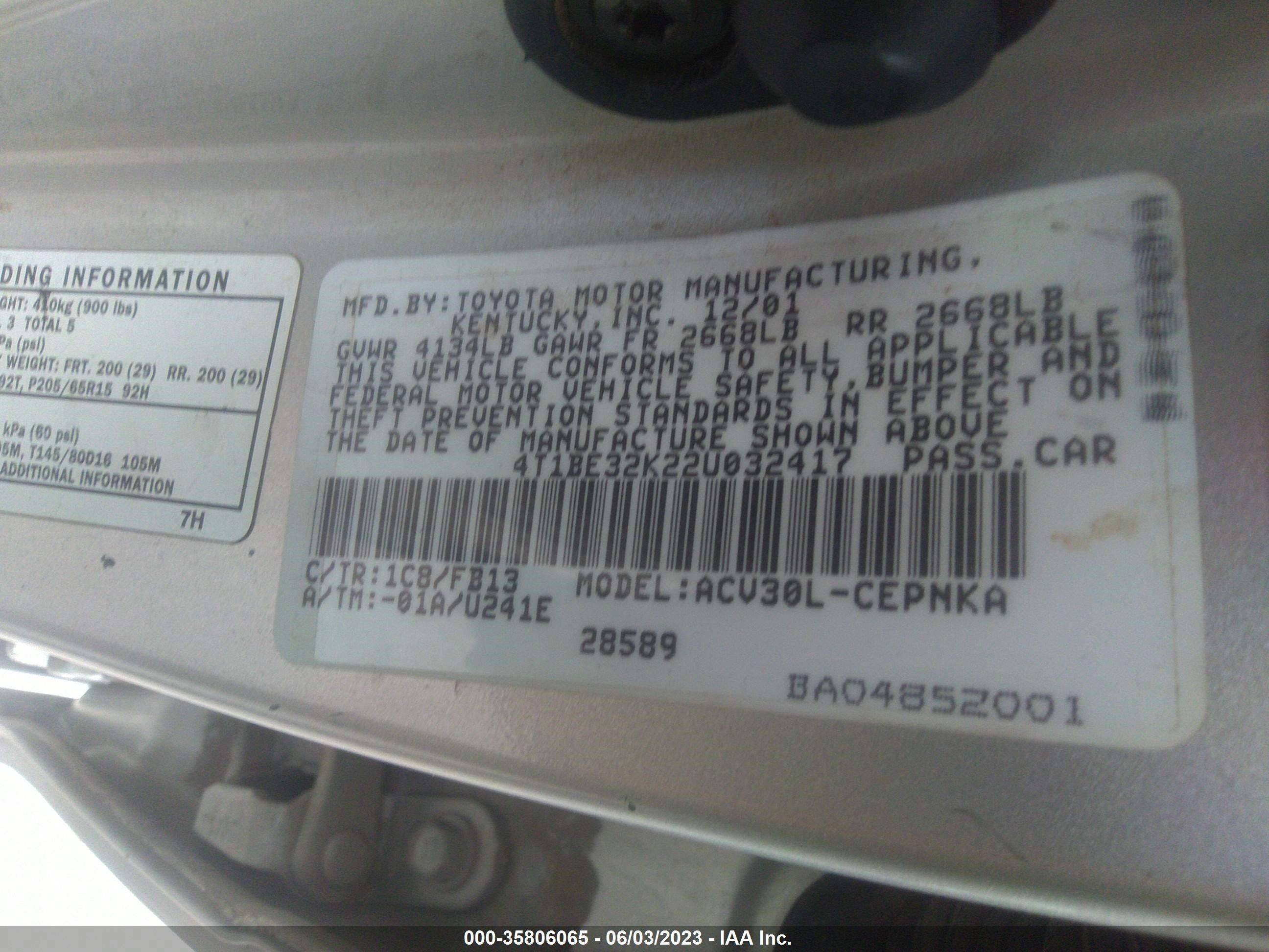 Photo 8 VIN: 4T1BE32K22U032417 - TOYOTA CAMRY 