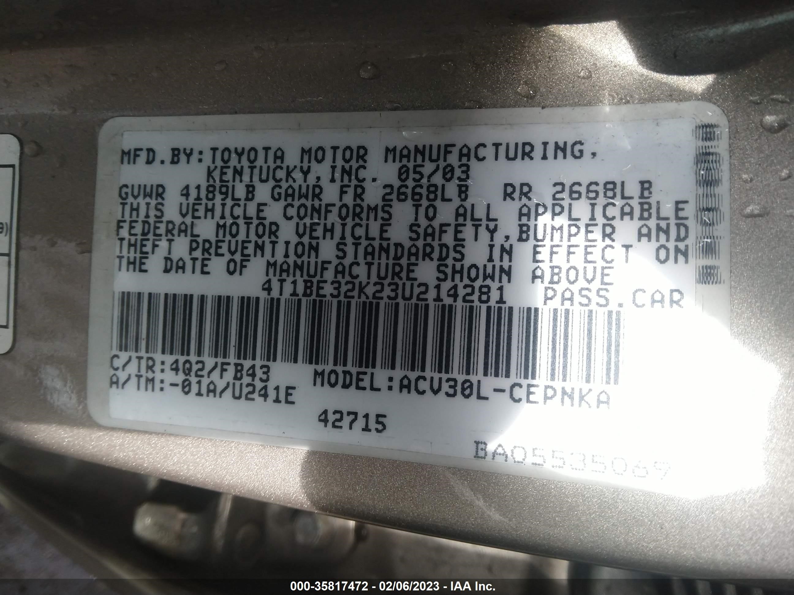 Photo 8 VIN: 4T1BE32K23U214281 - TOYOTA CAMRY 