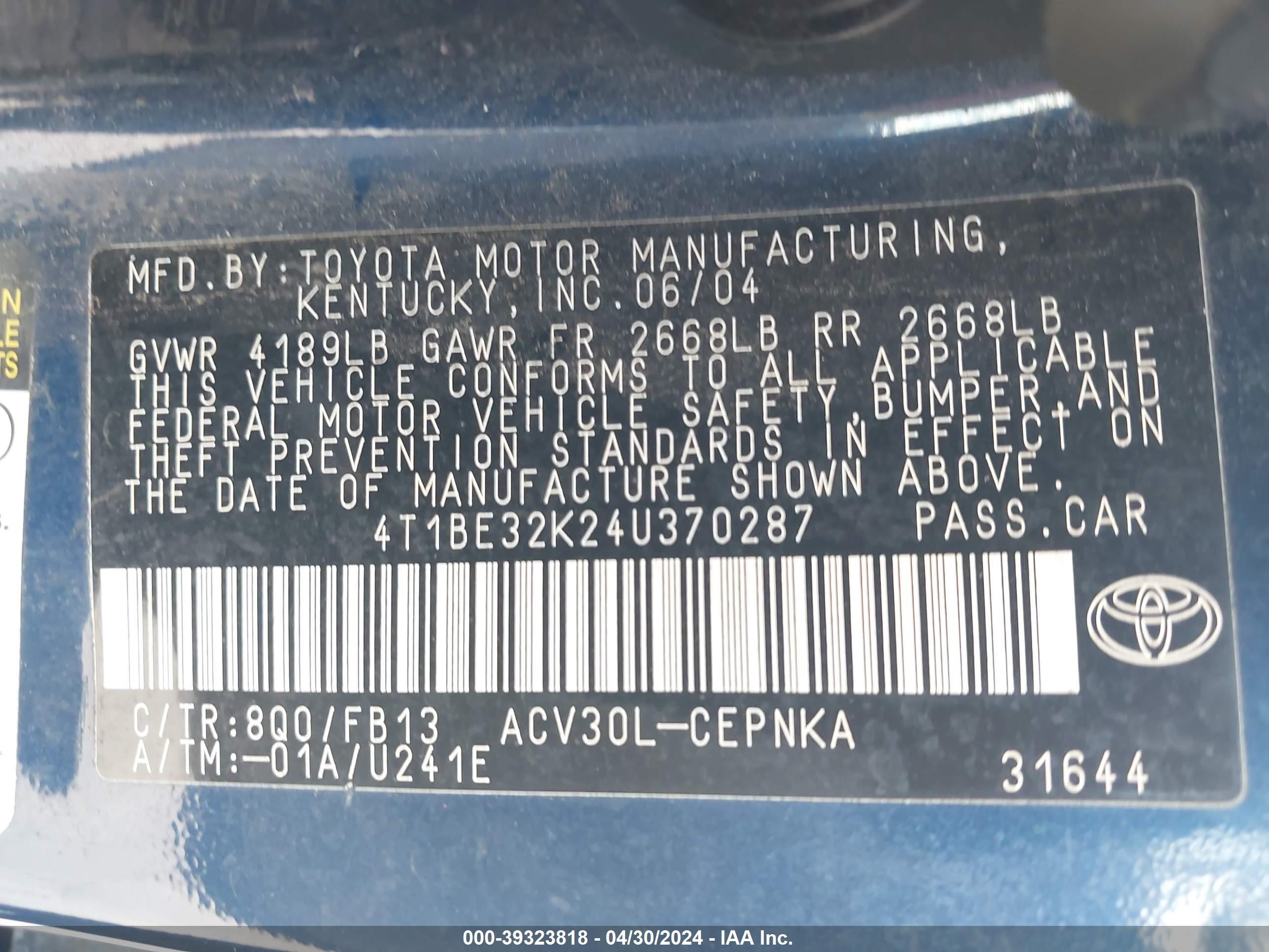 Photo 8 VIN: 4T1BE32K24U370287 - TOYOTA CAMRY 