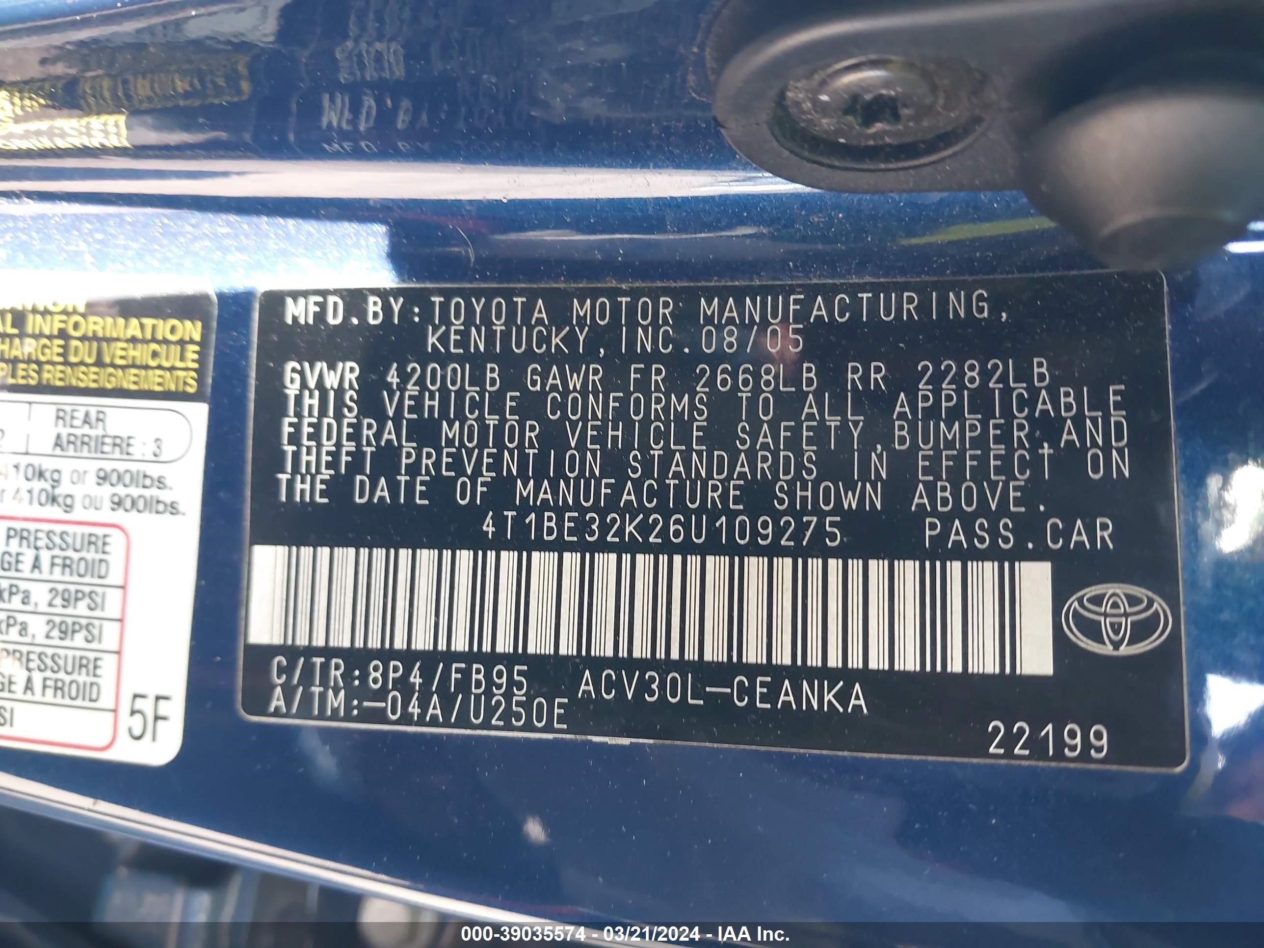 Photo 8 VIN: 4T1BE32K26U109275 - TOYOTA CAMRY 