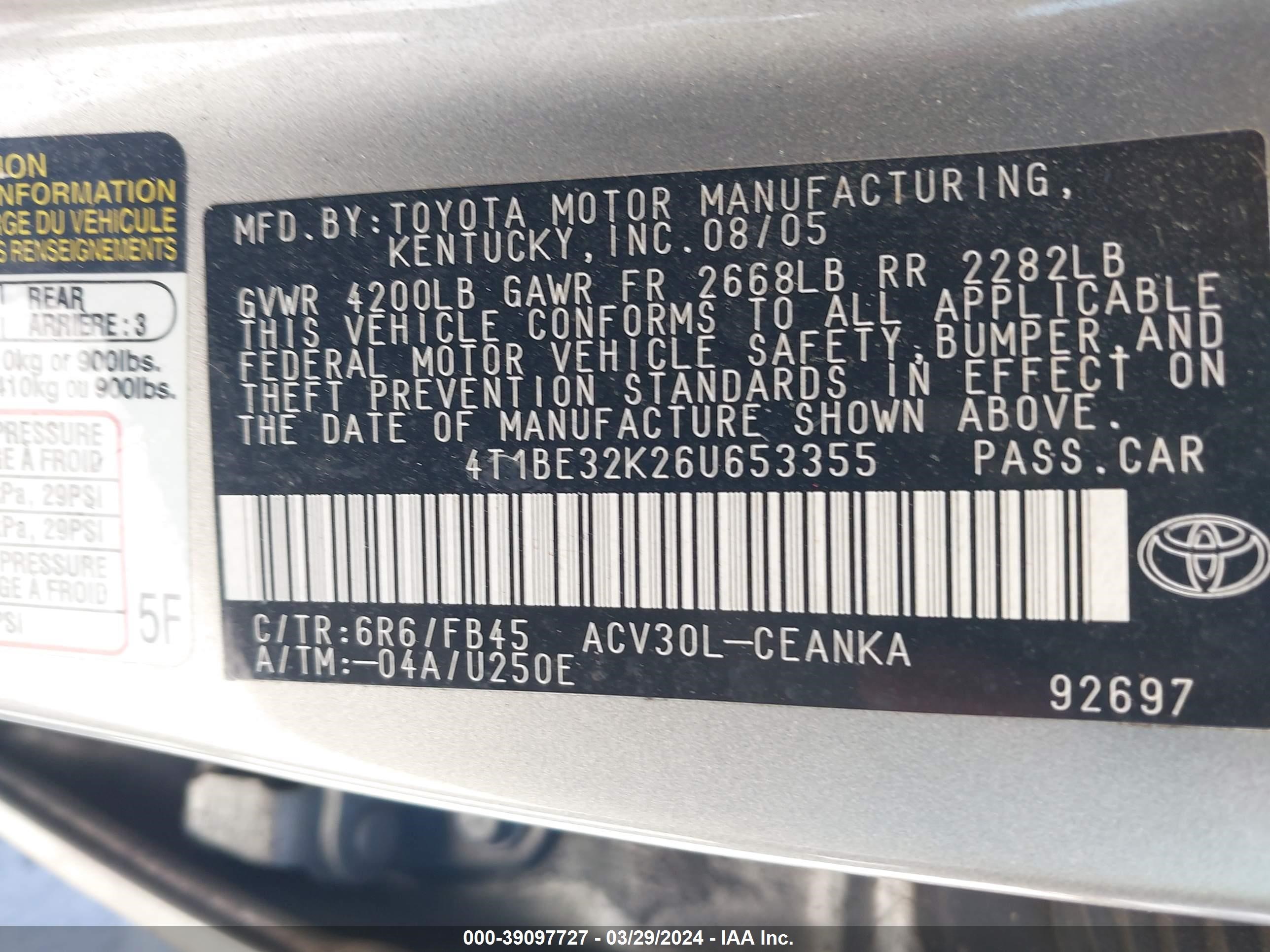 Photo 8 VIN: 4T1BE32K26U653355 - TOYOTA CAMRY 