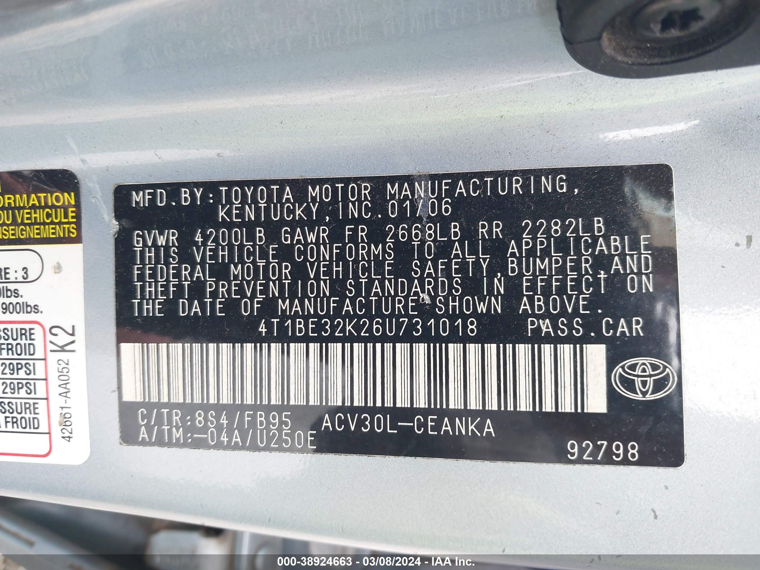 Photo 8 VIN: 4T1BE32K26U731018 - TOYOTA CAMRY 