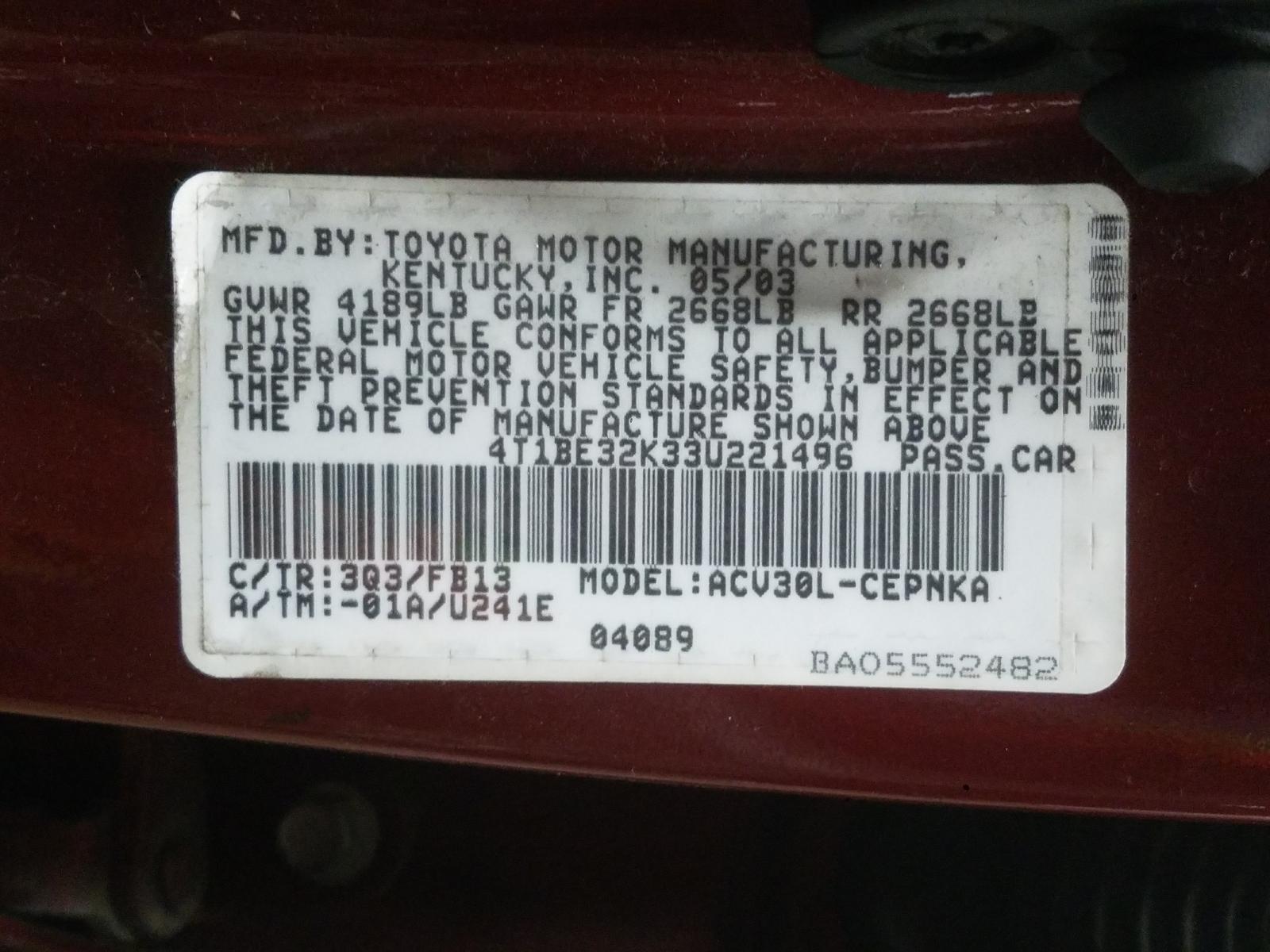 Photo 9 VIN: 4T1BE32K33U221496 - TOYOTA CAMRY LE 