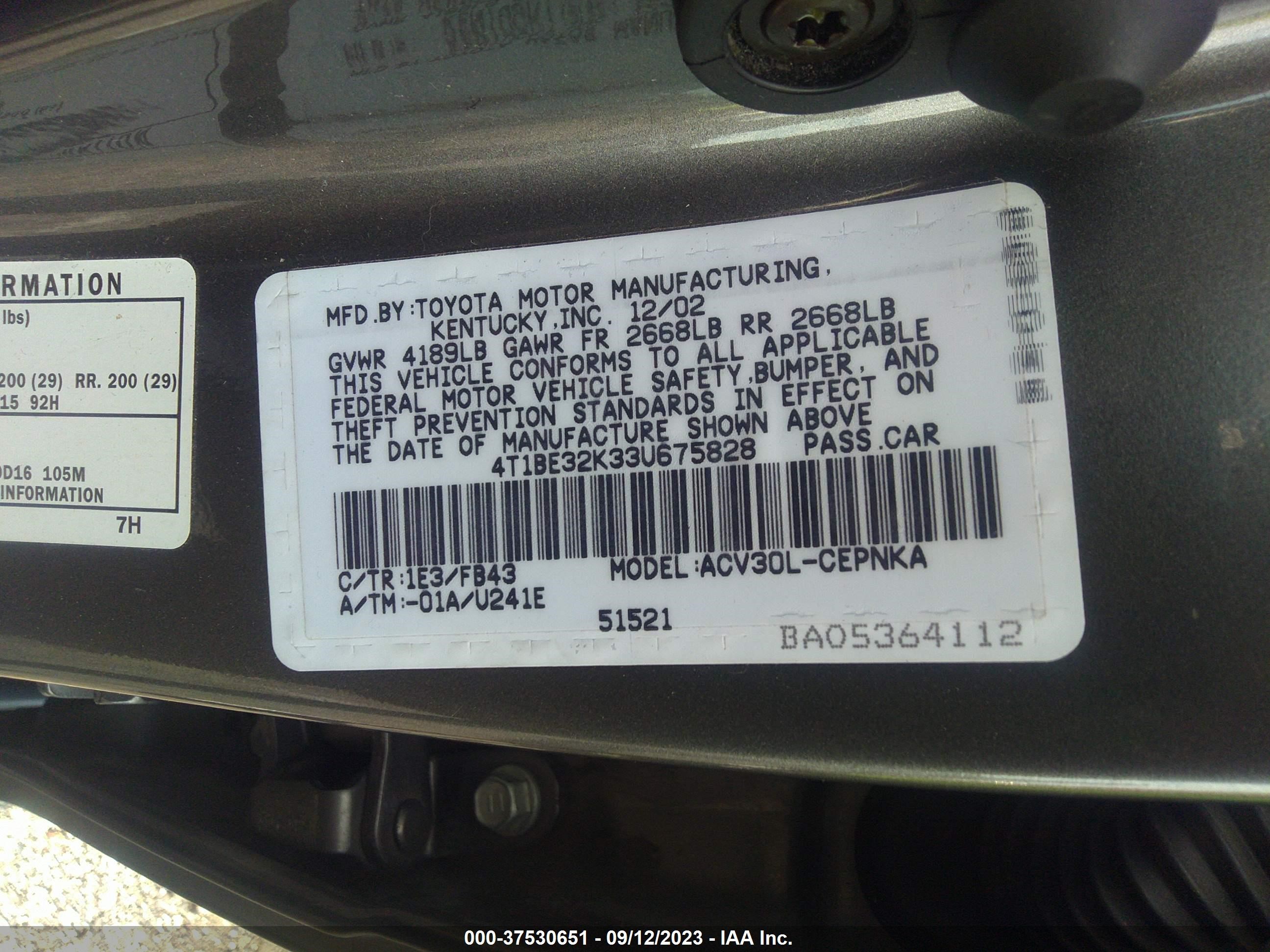 Photo 8 VIN: 4T1BE32K33U675828 - TOYOTA CAMRY 