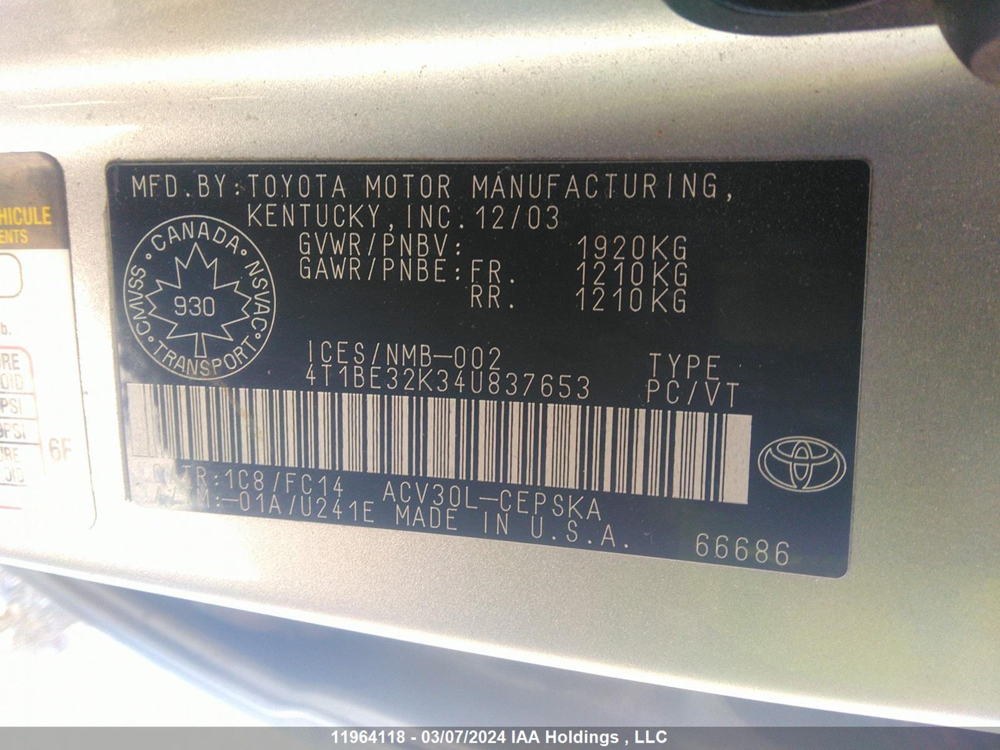 Photo 8 VIN: 4T1BE32K34U837653 - TOYOTA CAMRY 