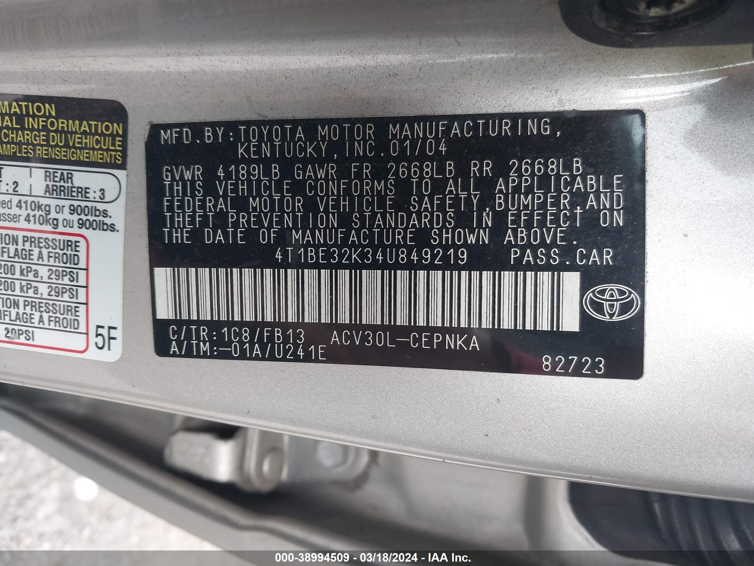 Photo 8 VIN: 4T1BE32K34U849219 - TOYOTA CAMRY 