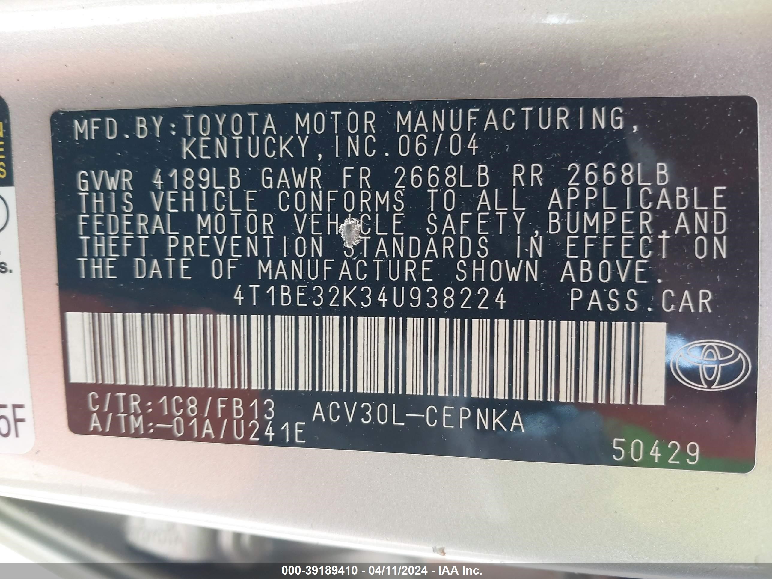 Photo 8 VIN: 4T1BE32K34U938224 - TOYOTA CAMRY 