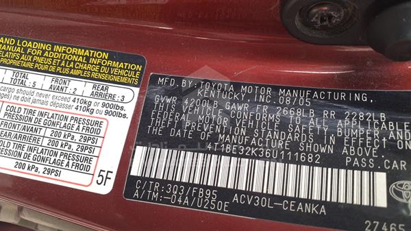 Photo 1 VIN: 4T1BE32K36U111682 - TOYOTA CAMRY 