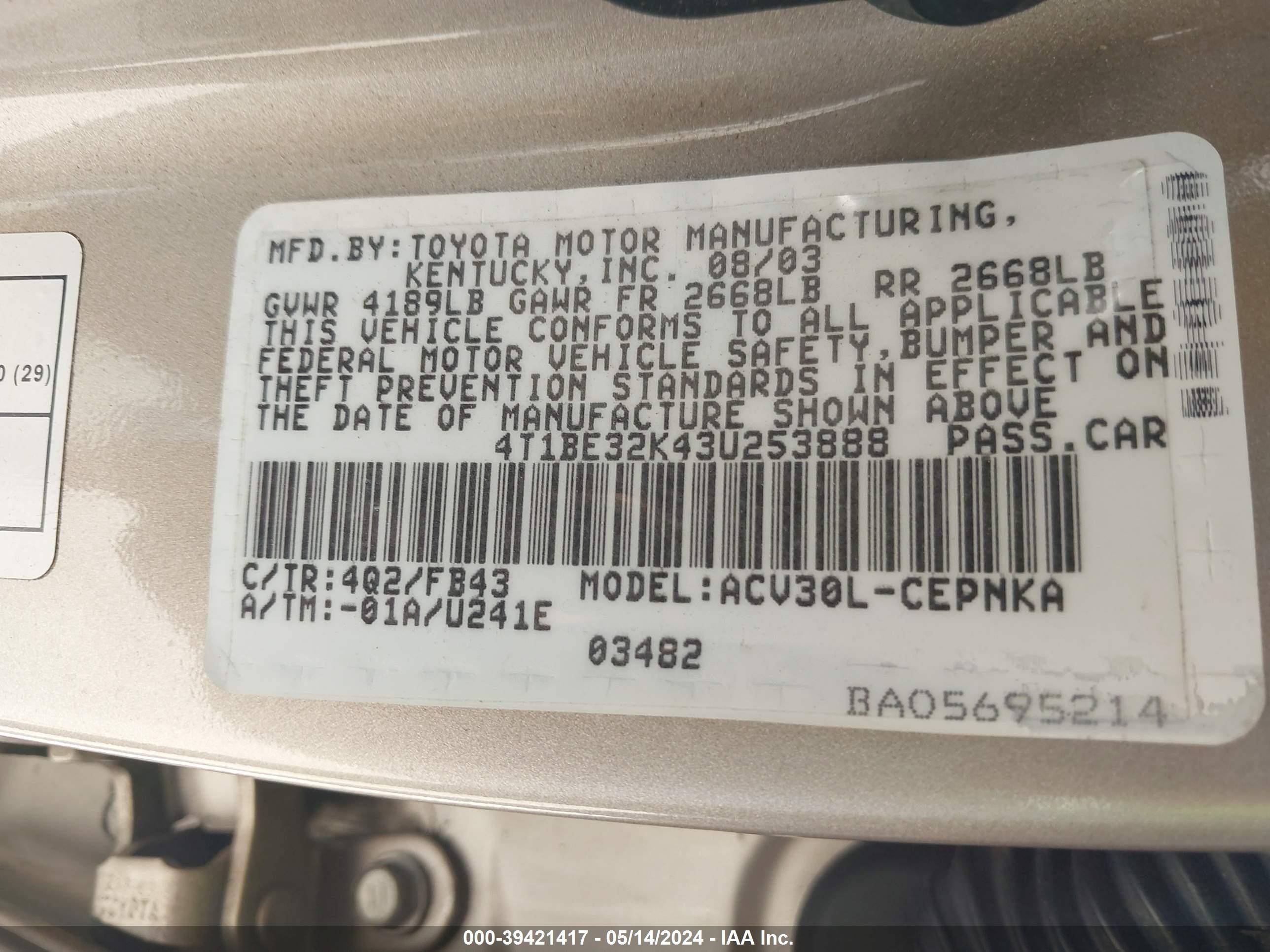 Photo 8 VIN: 4T1BE32K43U253888 - TOYOTA CAMRY 