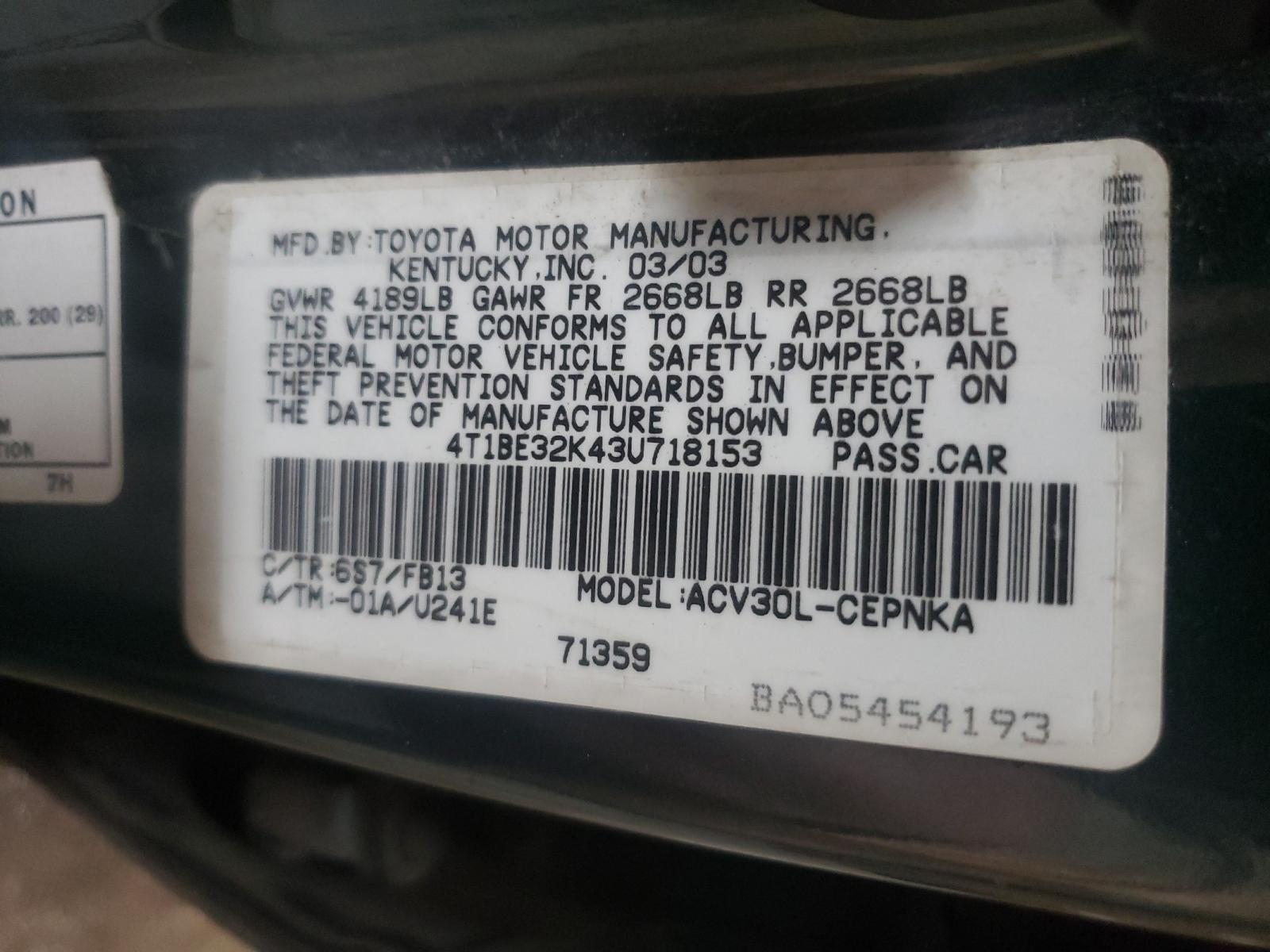 Photo 9 VIN: 4T1BE32K43U718153 - TOYOTA CAMRY LE 