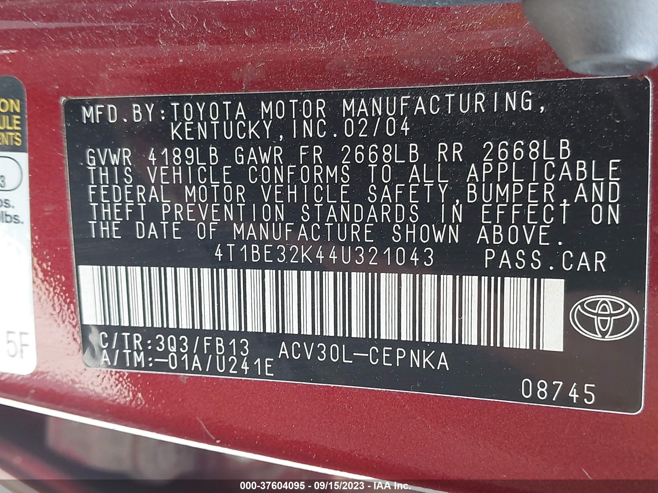 Photo 8 VIN: 4T1BE32K44U321043 - TOYOTA CAMRY 