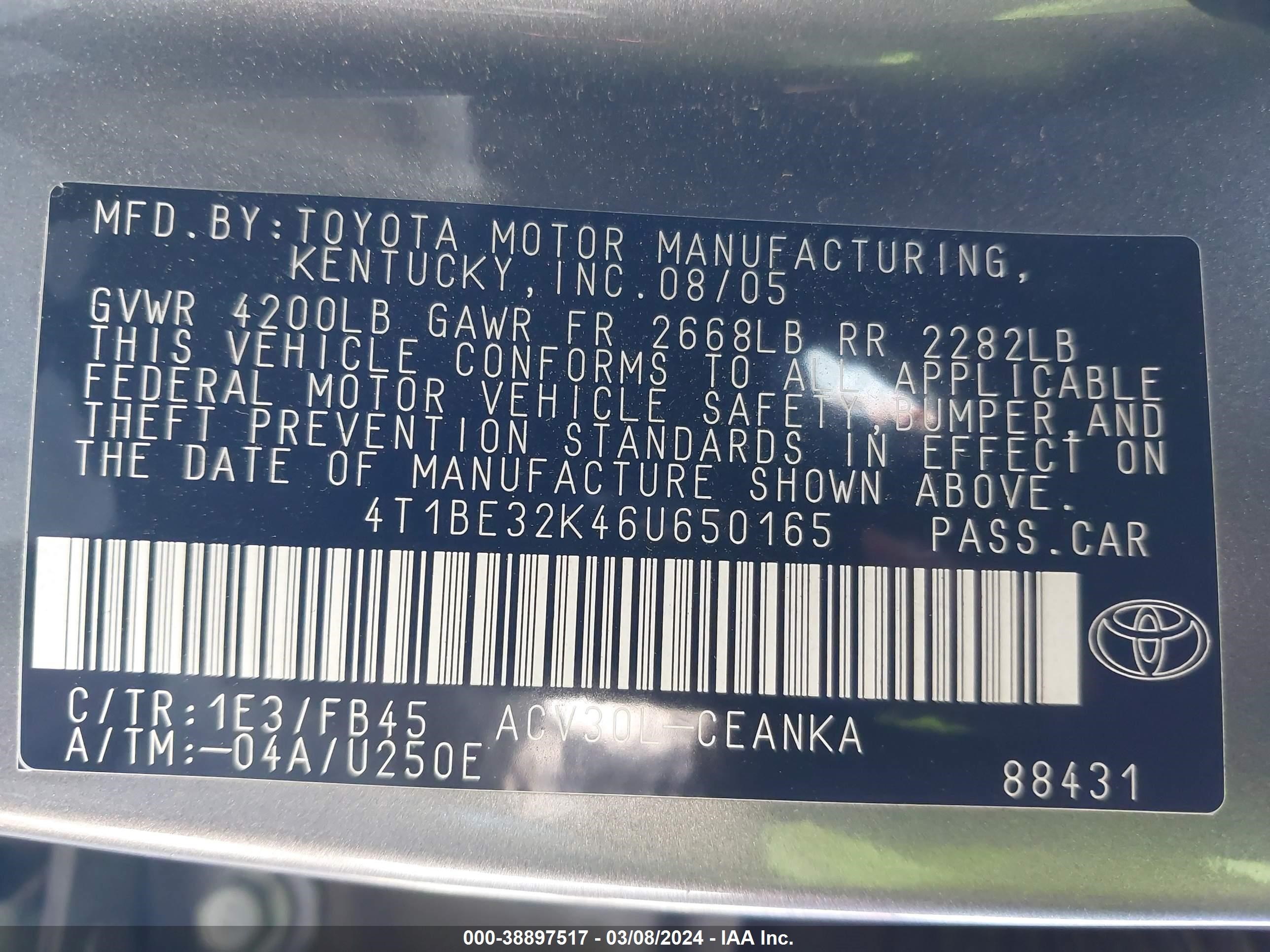 Photo 8 VIN: 4T1BE32K46U650165 - TOYOTA CAMRY 