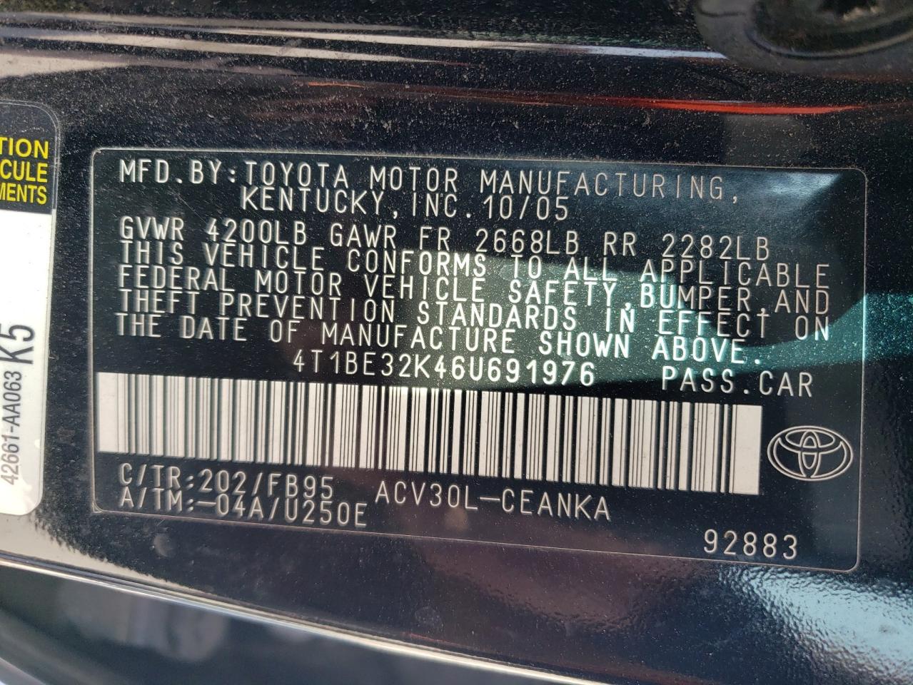 Photo 12 VIN: 4T1BE32K46U691976 - TOYOTA CAMRY 