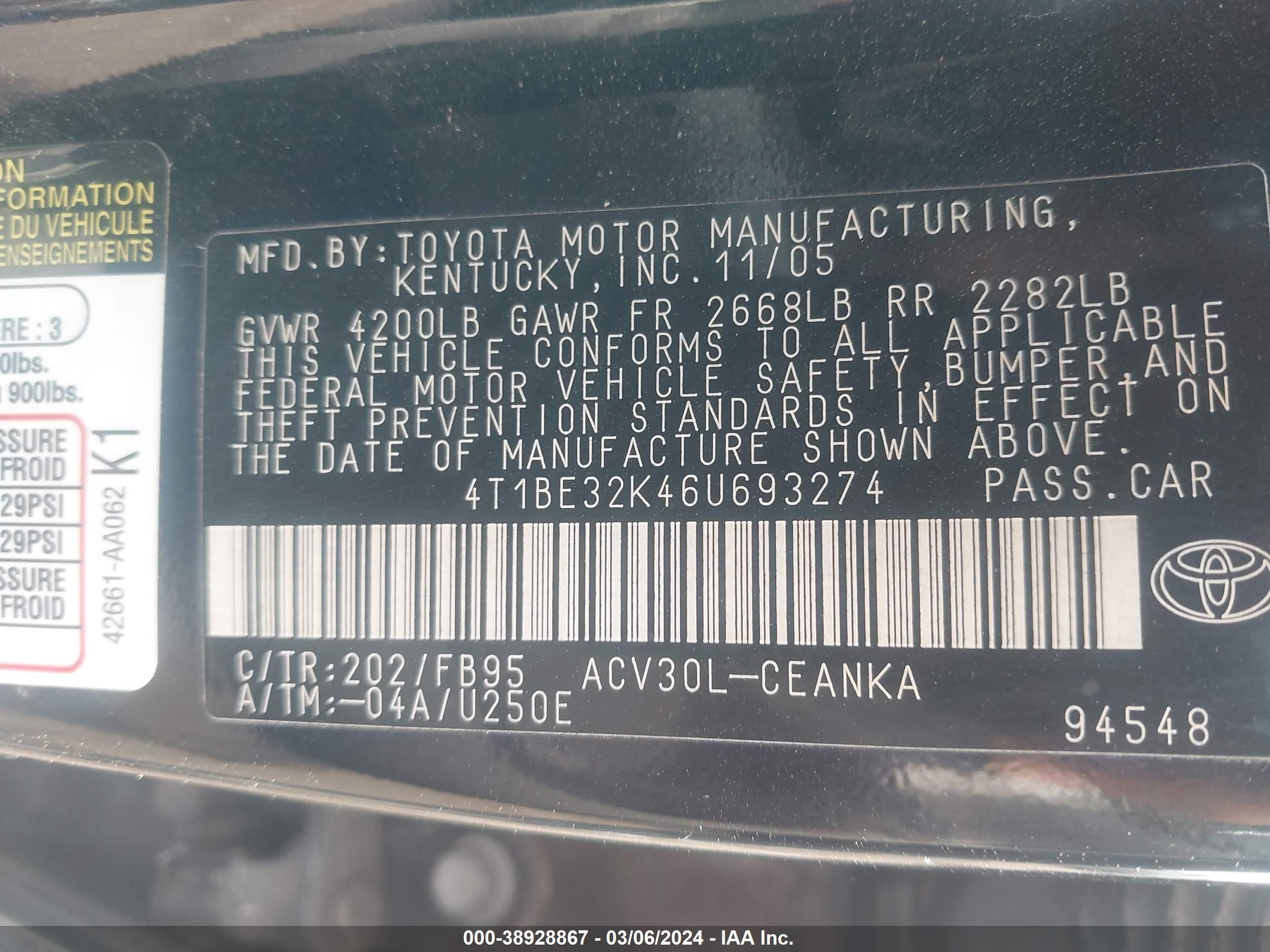 Photo 8 VIN: 4T1BE32K46U693274 - TOYOTA CAMRY 