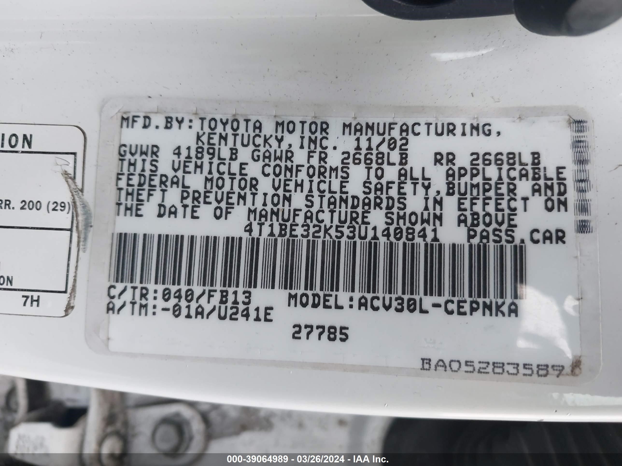 Photo 8 VIN: 4T1BE32K53U140841 - TOYOTA CAMRY 