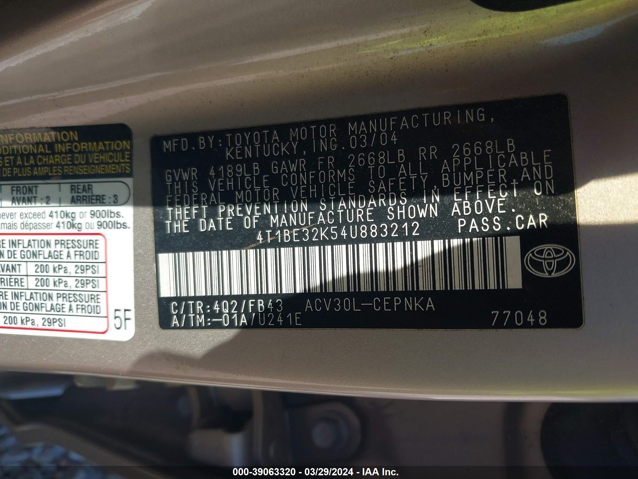 Photo 8 VIN: 4T1BE32K54U883212 - TOYOTA CAMRY 