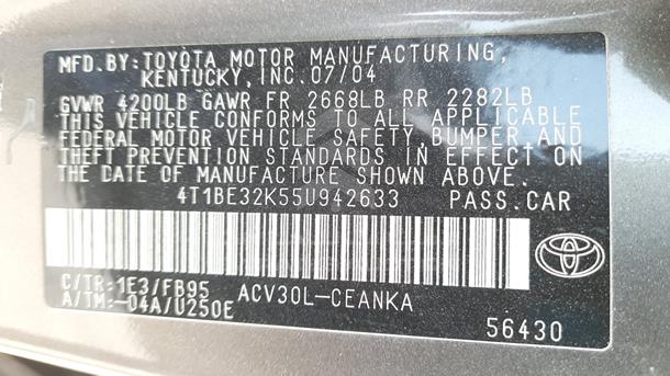 Photo 3 VIN: 4T1BE32K55U942633 - TOYOTA CAMRY 