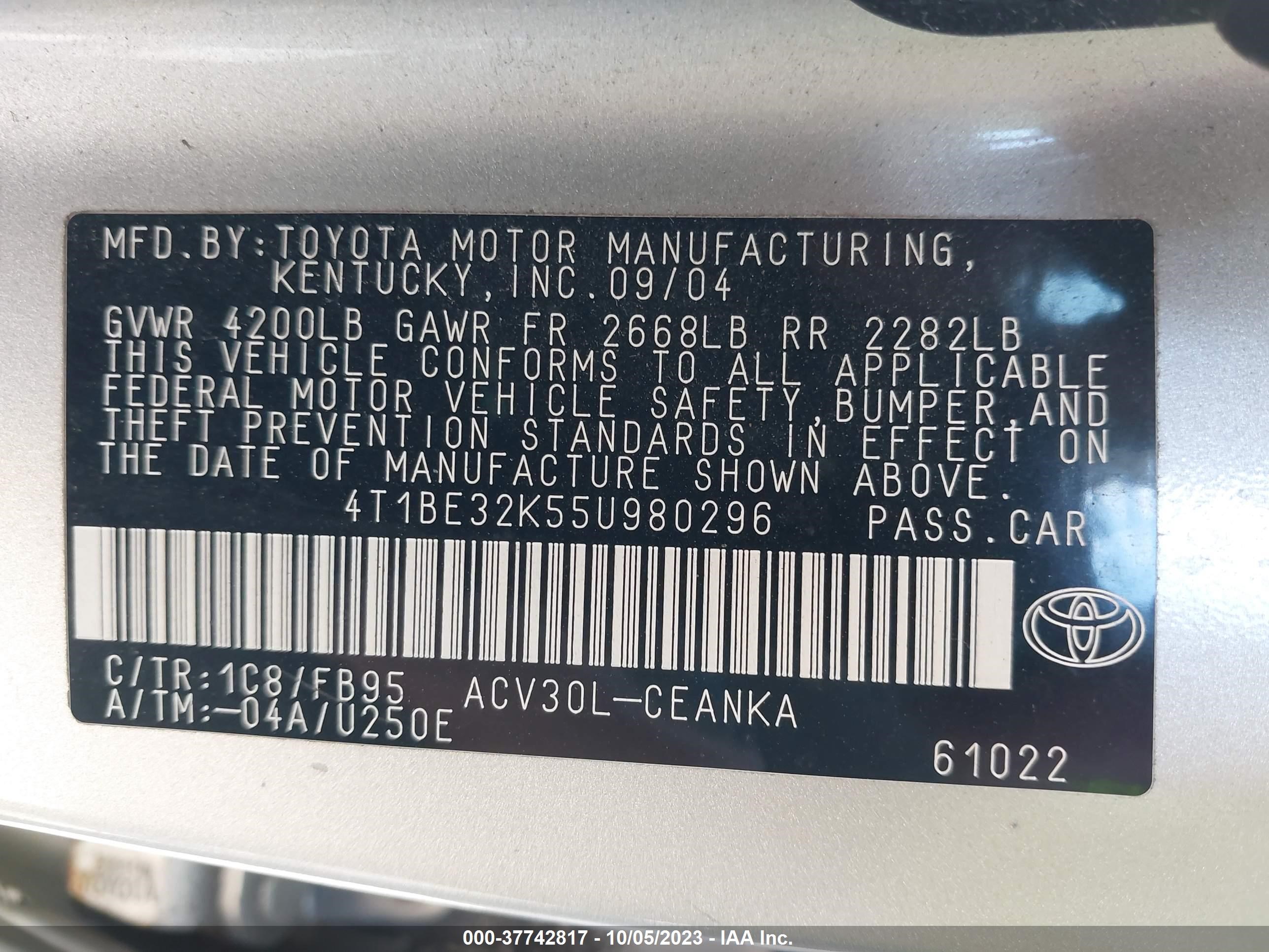 Photo 8 VIN: 4T1BE32K55U980296 - TOYOTA CAMRY 