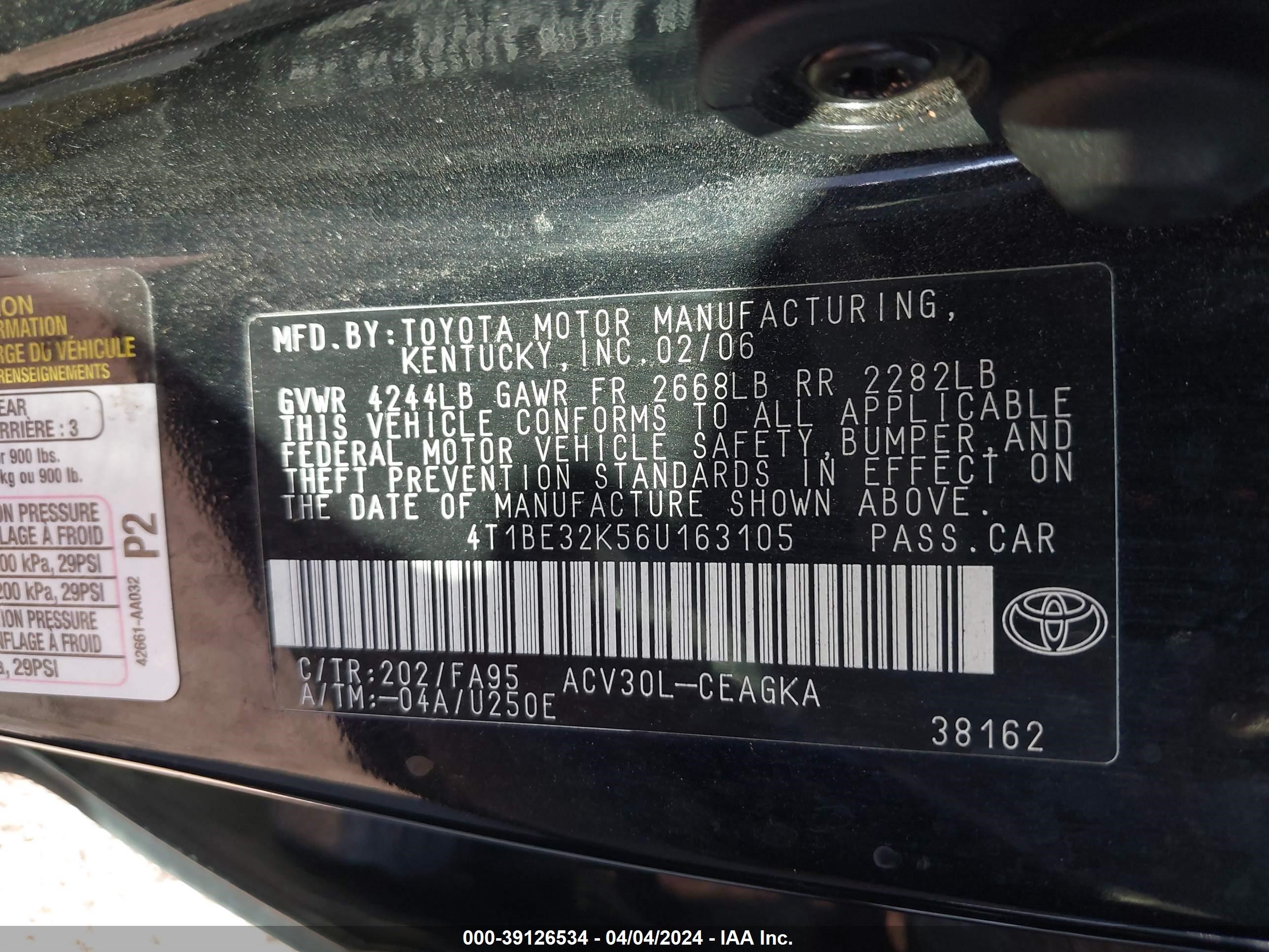 Photo 8 VIN: 4T1BE32K56U163105 - TOYOTA CAMRY 