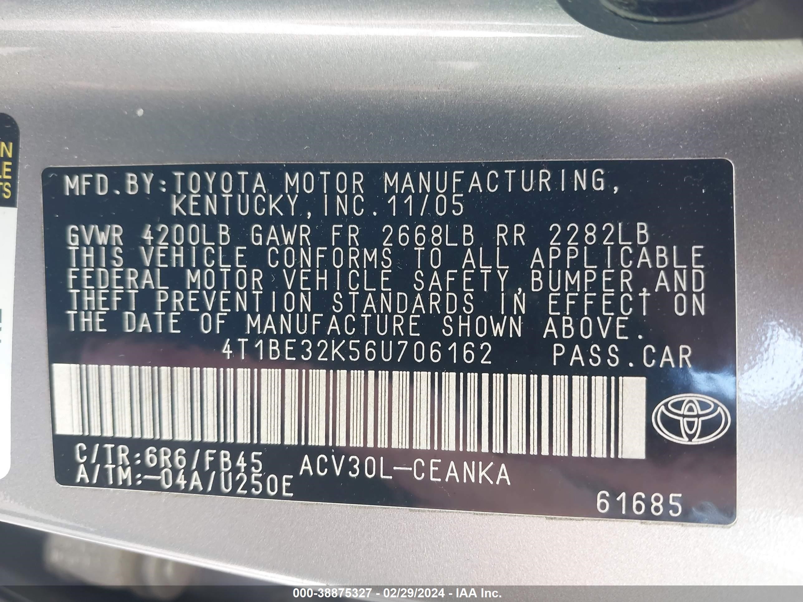 Photo 8 VIN: 4T1BE32K56U706162 - TOYOTA CAMRY 