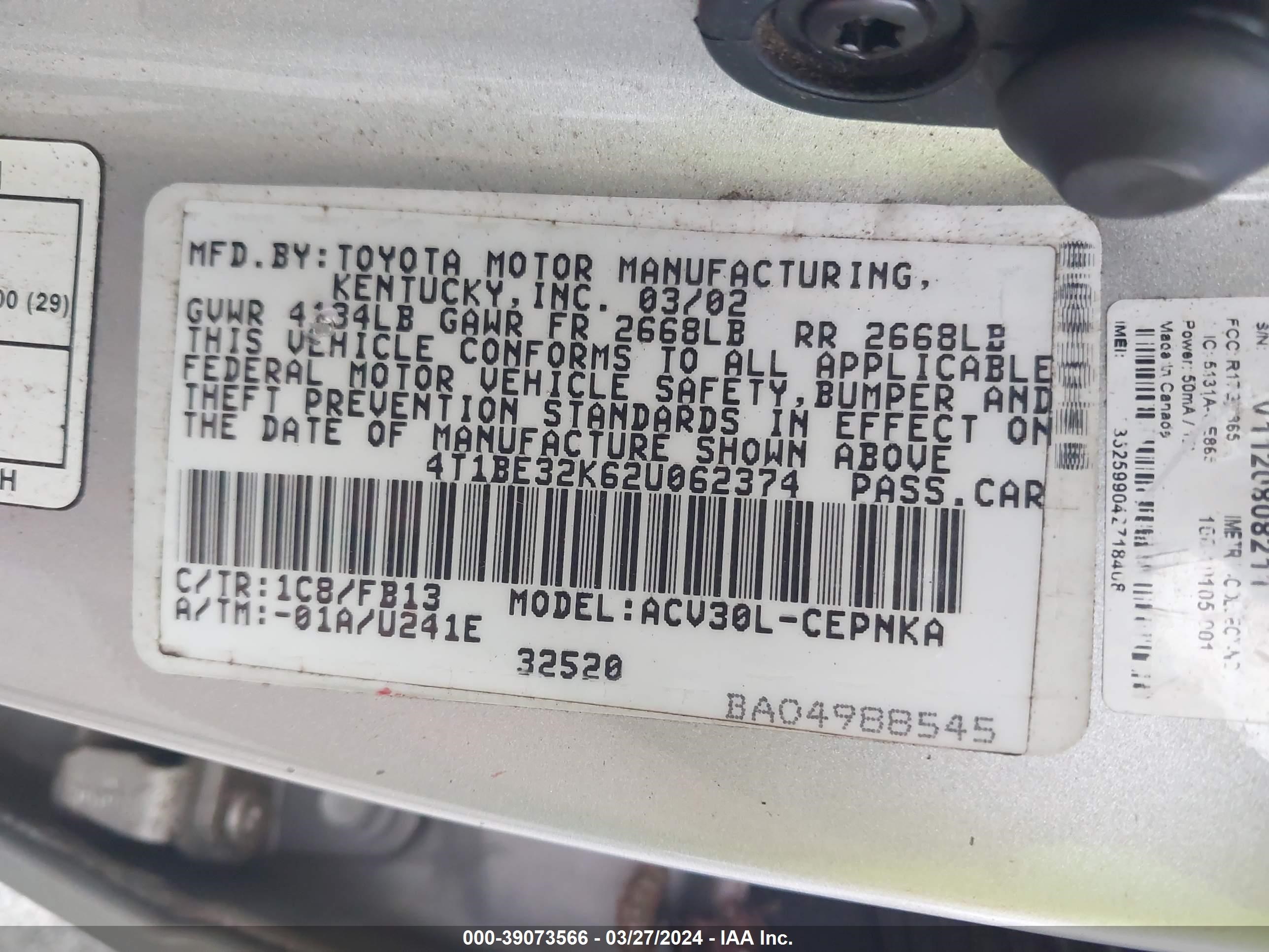 Photo 8 VIN: 4T1BE32K62U062374 - TOYOTA CAMRY 