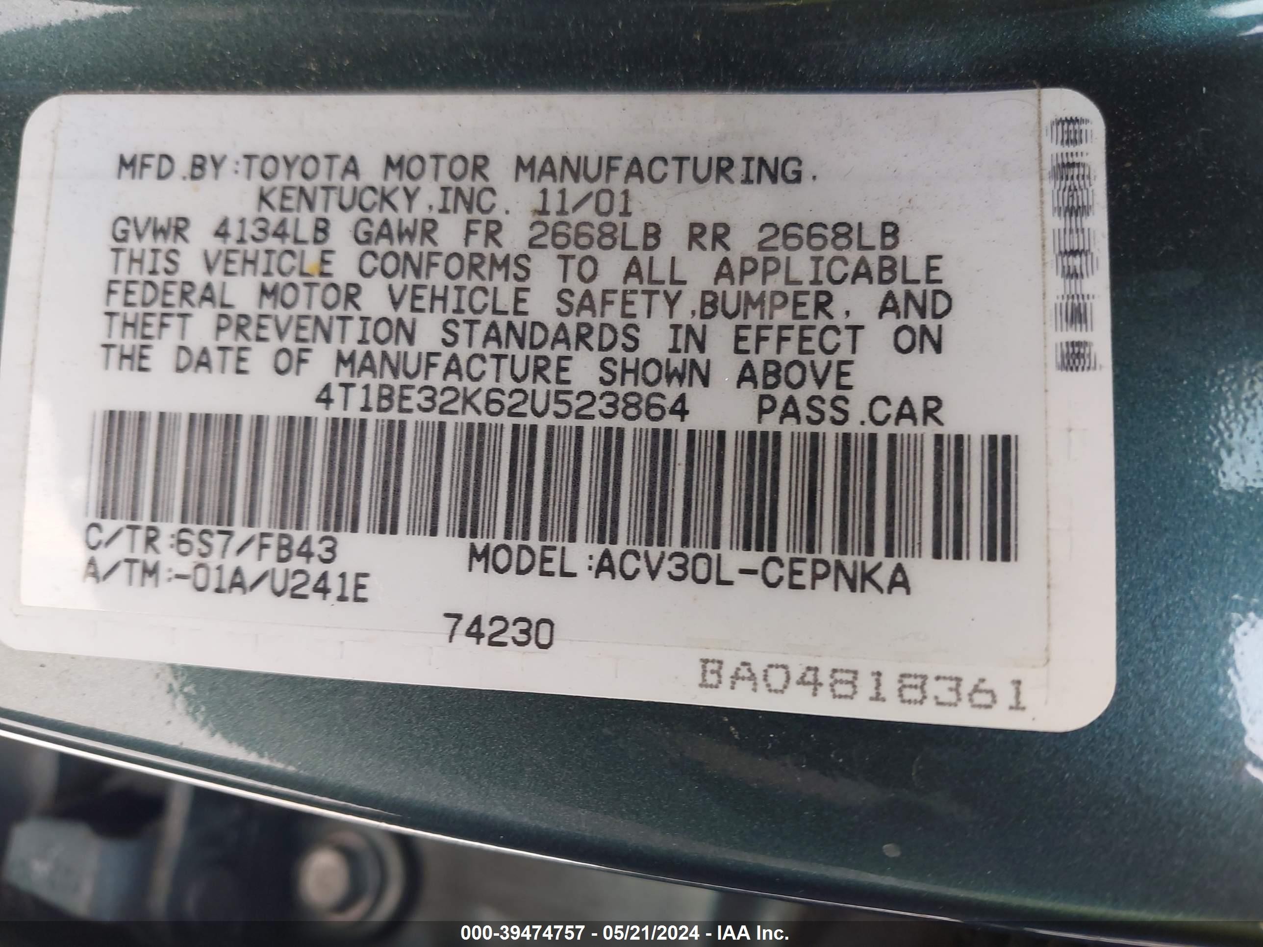 Photo 8 VIN: 4T1BE32K62U523864 - TOYOTA CAMRY 