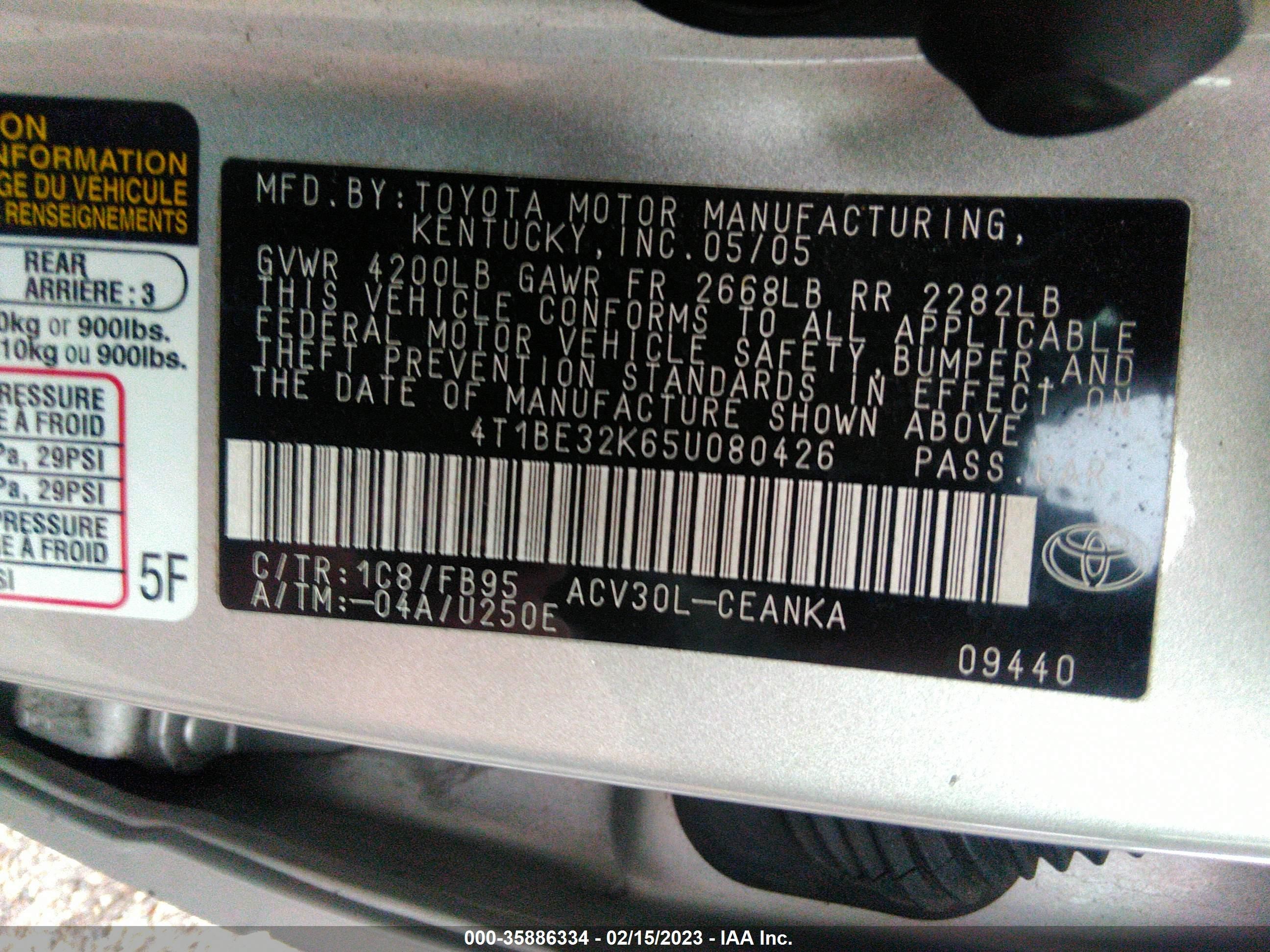 Photo 8 VIN: 4T1BE32K65U080426 - TOYOTA CAMRY 