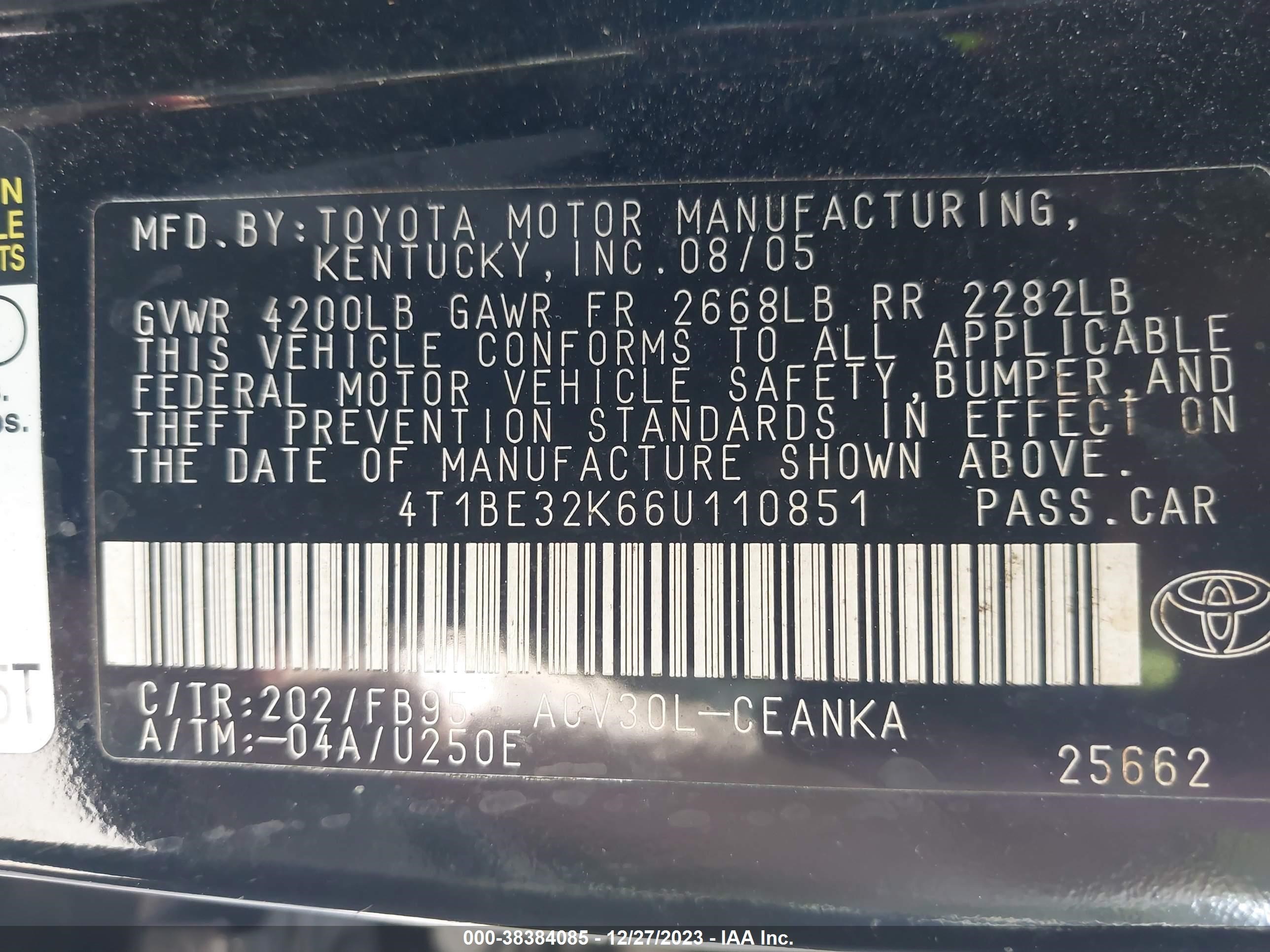 Photo 8 VIN: 4T1BE32K66U110851 - TOYOTA CAMRY 