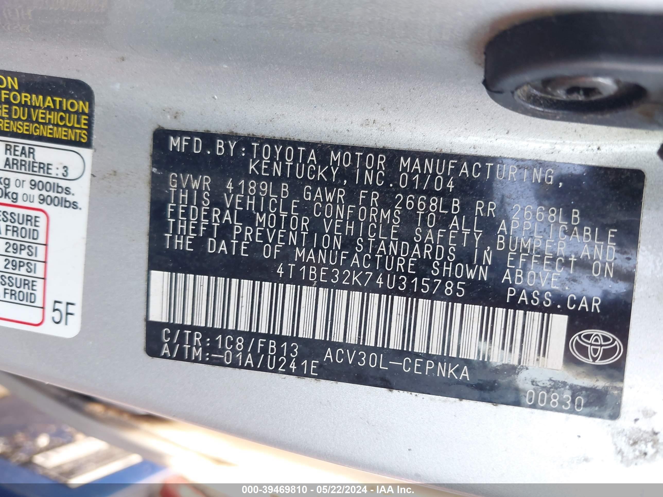 Photo 8 VIN: 4T1BE32K74U315785 - TOYOTA CAMRY 