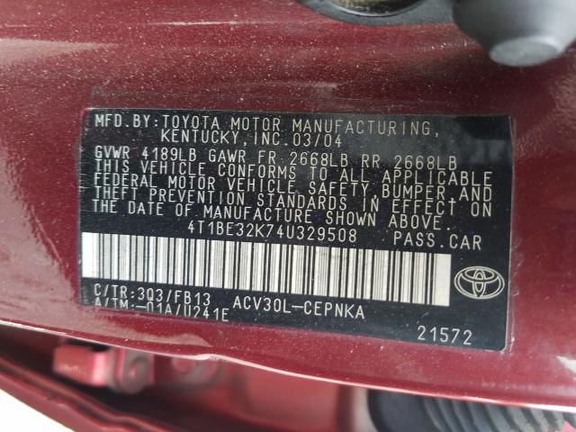 Photo 9 VIN: 4T1BE32K74U329508 - TOYOTA CAMRY 