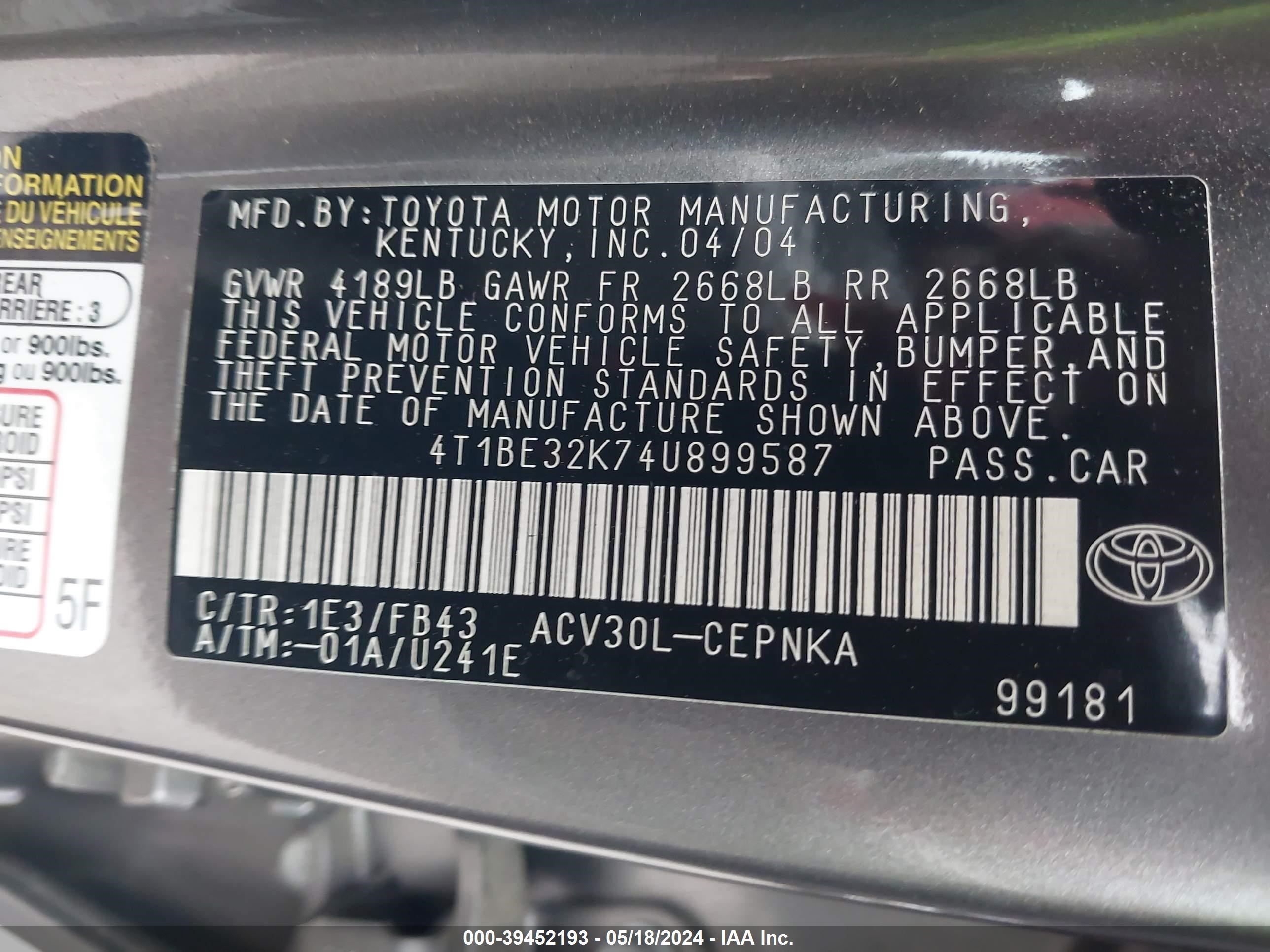 Photo 8 VIN: 4T1BE32K74U899587 - TOYOTA CAMRY 